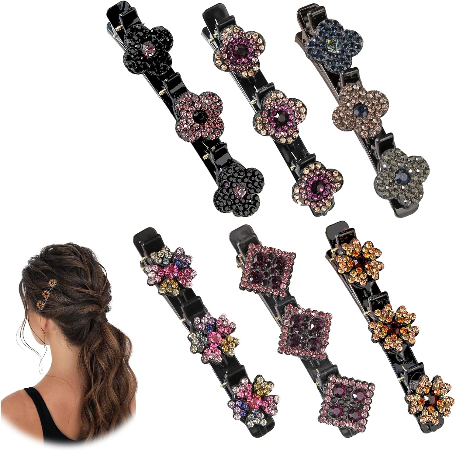 Pack of 6 Braided Hair Clips, Crystal Flowers Sparkling Double Layer Hair Clips Robust Stylish Hair Accessories Duck Beak Hair Clips for Women Girls for Everyday Party Updo image number 5