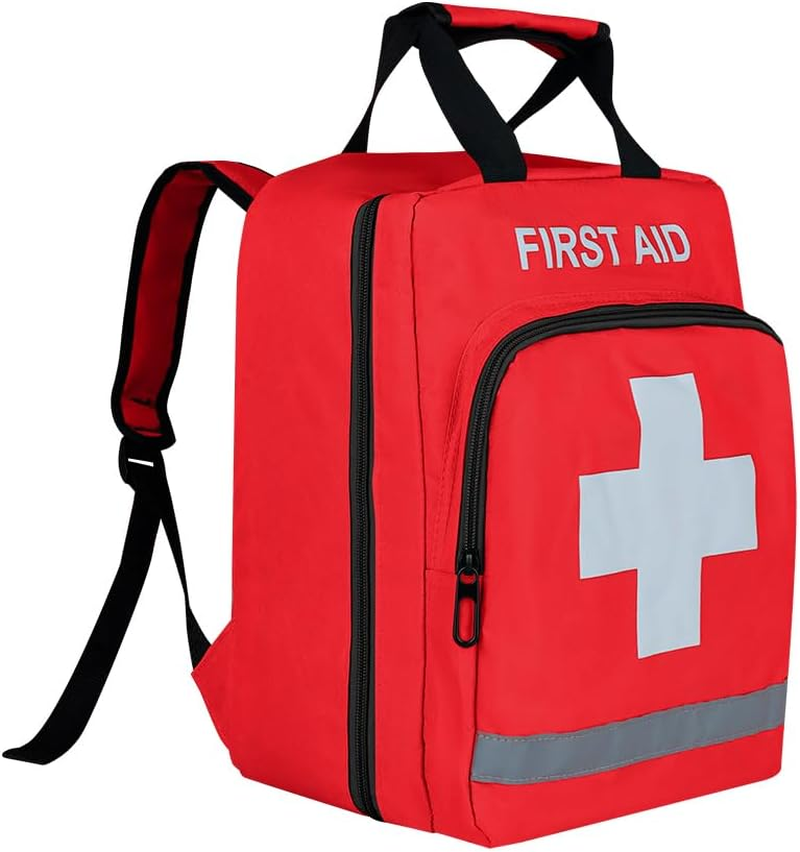 Red Emergency Backpack First Aid Bag Empty Medical First Aid Rucksack Treatment Back Pack Trauma Bag with Reflective Strip for Cycling Riding Hiking Camping Daycare Vacation Road Trip