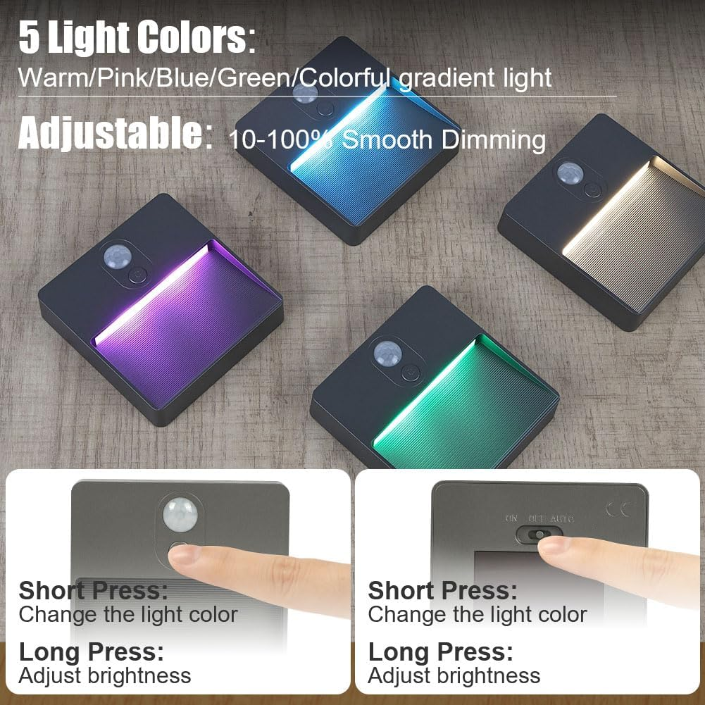 HOTUT Motion Sensor Night Light,2Pcs Stick-On Battery Powered Night Lights,Warm Light,4 RGB Colors,Auto/On/Off Light,Stair Sensor Lights Indoors,Night Light for Stair,Hallway,Kitchen,Closet (Gray) - Grey-2Pcs image number 3