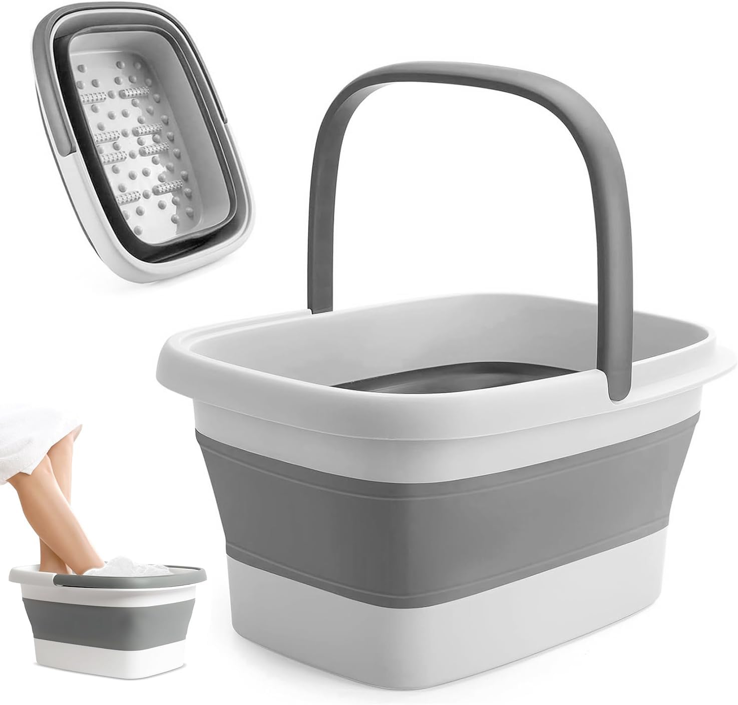 Collapsible Foot Bath Basin for Soaking Feet, Foot Soak Tub with Handle,Foldable Foot Bath with Foot Massaging Acupoints to Help Sleep 15L/4 Gallons Massager Foot Soaking Basin Feet (Grey)