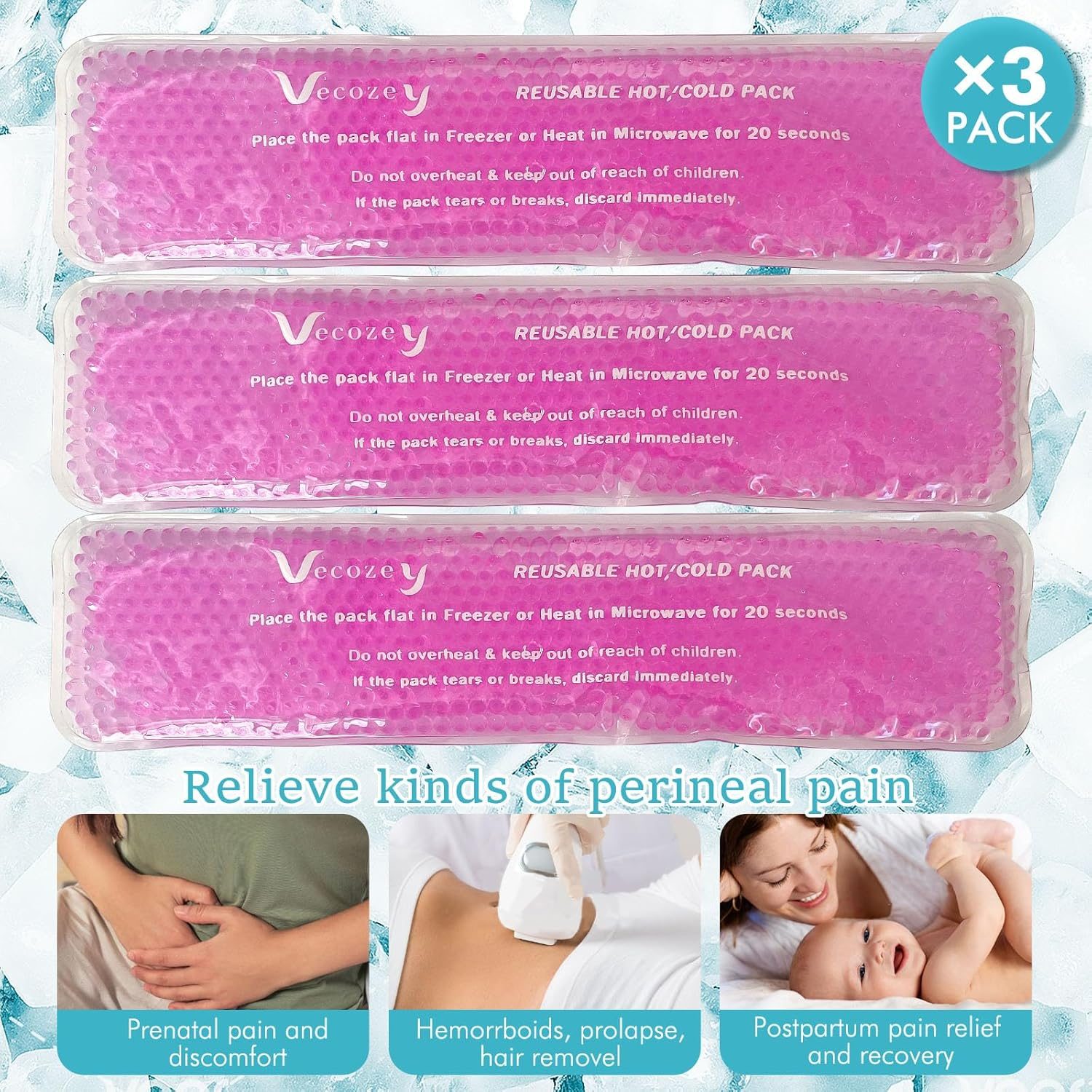 Vecozey 3 Perineal Ice Packs for Postpartum & Hemorrhoid Pain Relief, Reusable Hot & Cold Wraps for Women after Pregnancy and Delivery, Post Partum Essentials Cooling Pads & Washable Cotton Sleeves image number 1