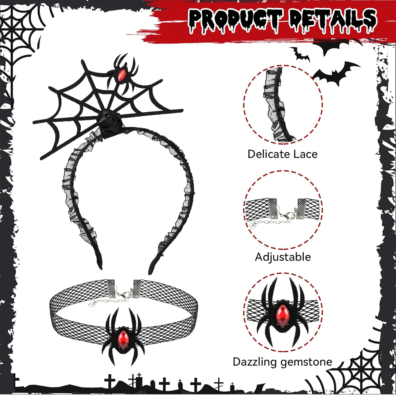 Charmburst 2 Pieces Halloween Spider Headband and Collar Black Red Spider Costume Headpiece Set Hair Accessories Fancy Dress Cosplay Party Decoration image number 5
