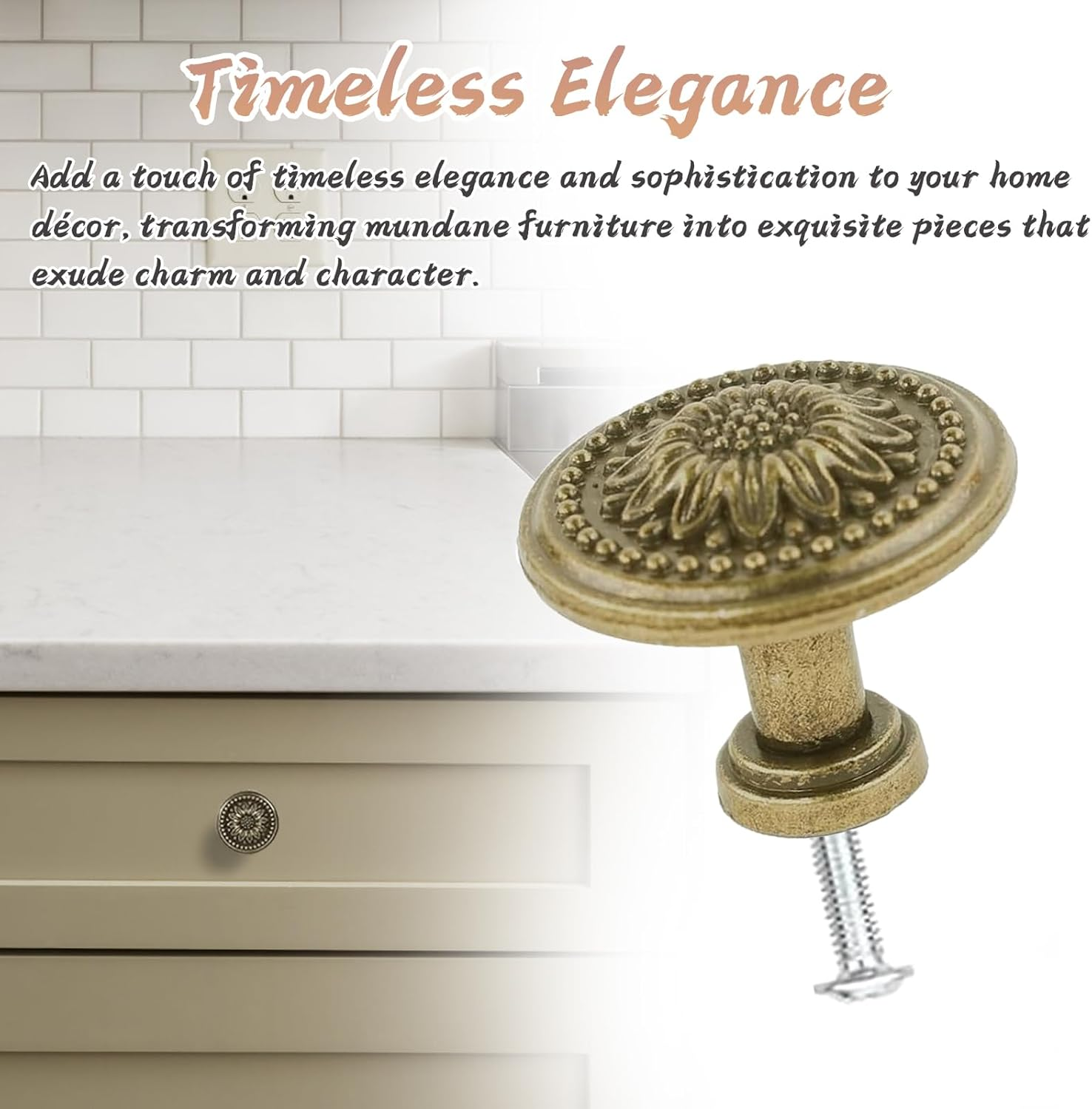 Zcrprn Drawer Knobs, 10 PCS Antique Brass Kitchen Cupboard Handles, Vintage Floral Pattern Drawer Handles, Cabinet Knobs for Chest of Drawers, Furniture Cabinets, Dressers, Wardrobe Doors image number 2