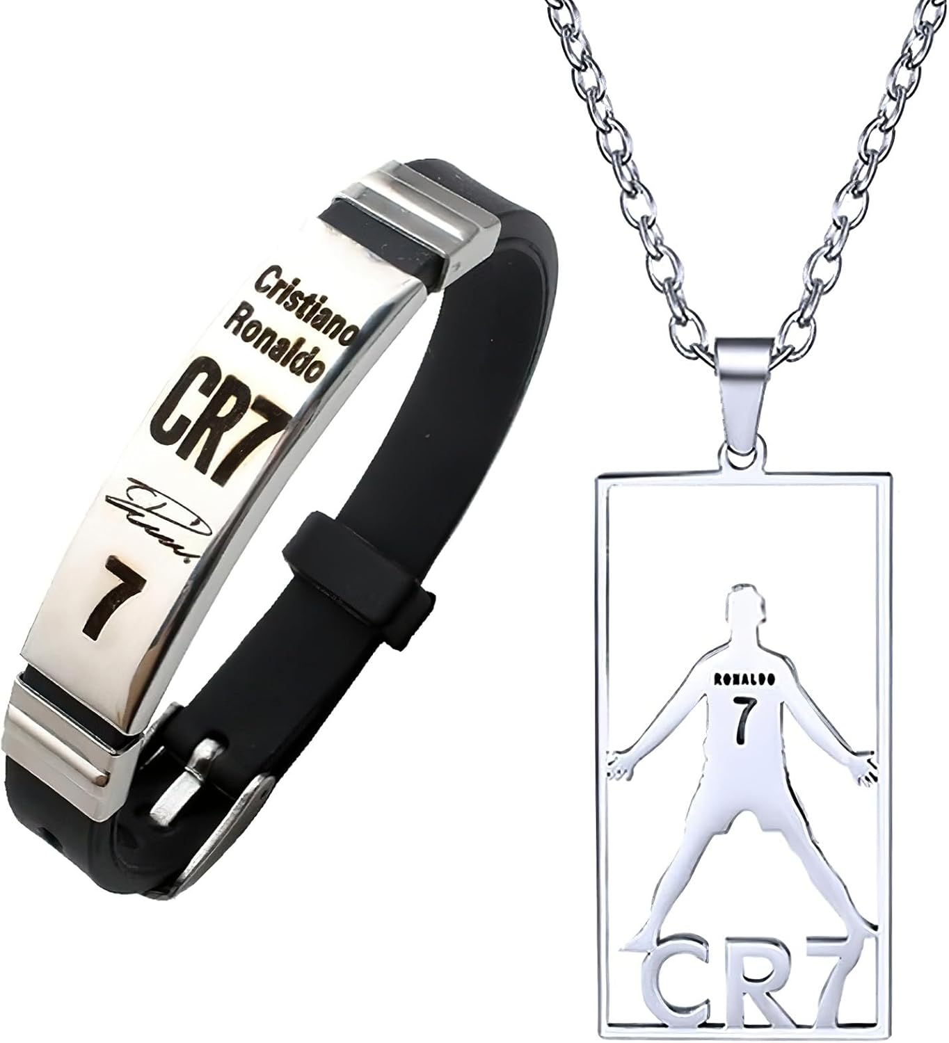 TOOGABBIE Football Star Bracelet Pendant Necklace Set, Adjustable Stainless Steel Necklace Silicone Football Bracelet for Men, Champions League Jewelry Football Fans