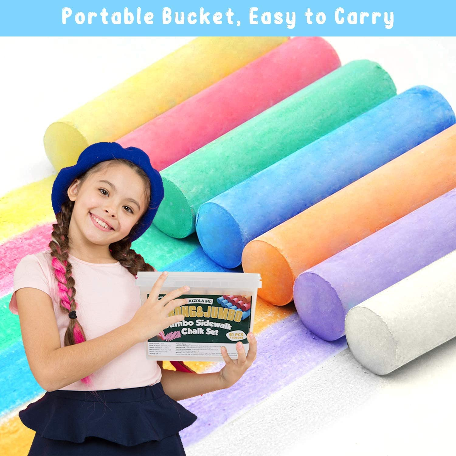 Jumbo Sidewalk Chalks for Kids, Maxzola Inc. 61 Pcs Washable Non-Toxic Chalk for Toddlers, Outdoor, Street, Chalkboard Bulk Chalk Play Art Set image number 6