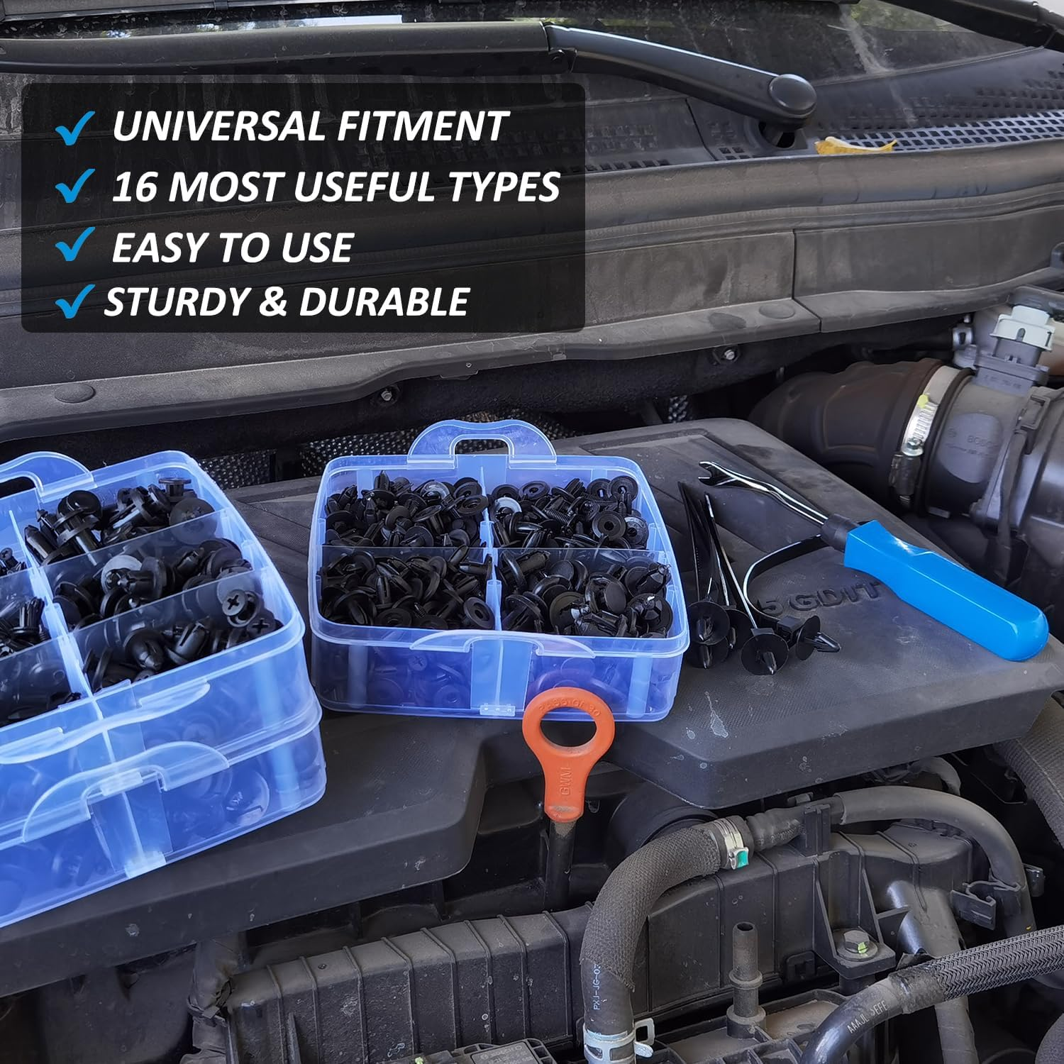 625-Piece Car Push Retainer Clips Body Clips Plastic Fasteners Kit 16 Most Popular Sizes Nylon Auto Push Pin Rivets Set with 5 Cable Ties & Remover Tool for Bumper, Fender, Door Trim