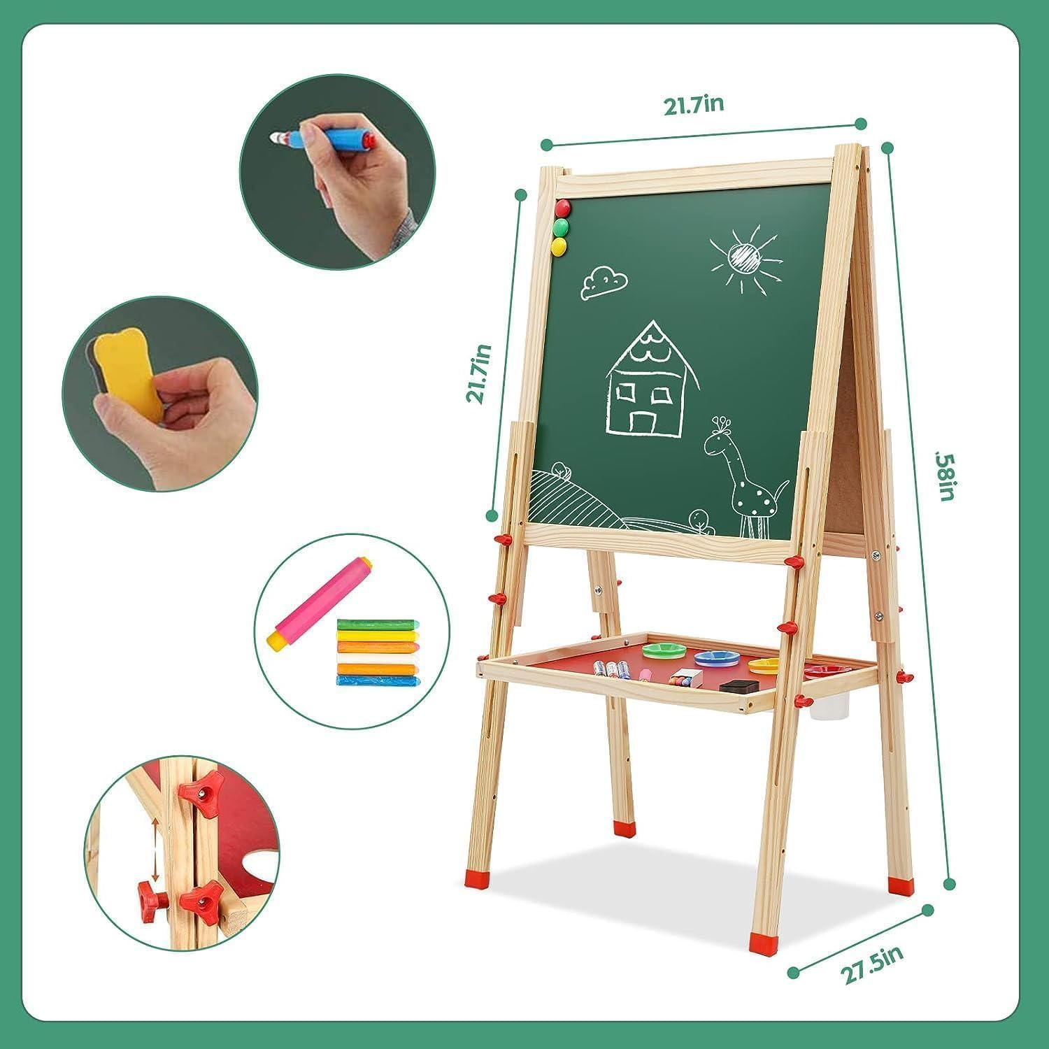 Wooden Art Easel for Kids, Double Sided Kids Easel with Whiteboard & Chalkboard, Height Adjustable Drawing Stand Kit for Kids with Painting Accessories, Education Supplies for Boys and Girl image number 5