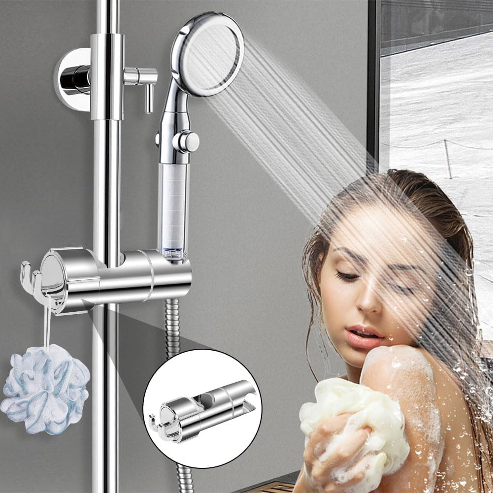Shower Head Holder, 16-27Mm Slider Bar Adjustable Shower Head Holder for Slide Bar Slider Clamp Bathroom Replacement, 360 Degree Rotating Sprayer Holder with 2 Hookssilver image number 1