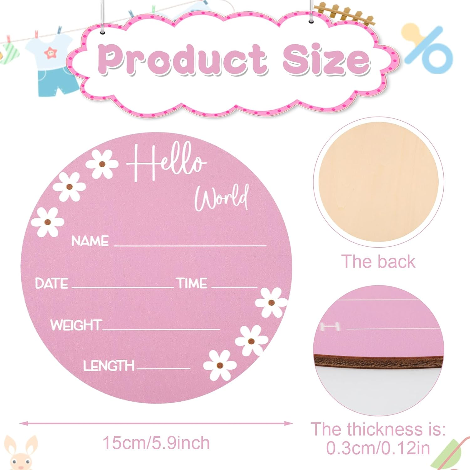 NQEUEPN Baby Name Sign, 5.9In Wooden Hello World Sign Daisy Wooden Baby Announcement Card Birth Baby Name Plaques for Newborn Boys Girls Photography Props Baby Shower Gifts Hospital Nursery(Rose Red) image number 5