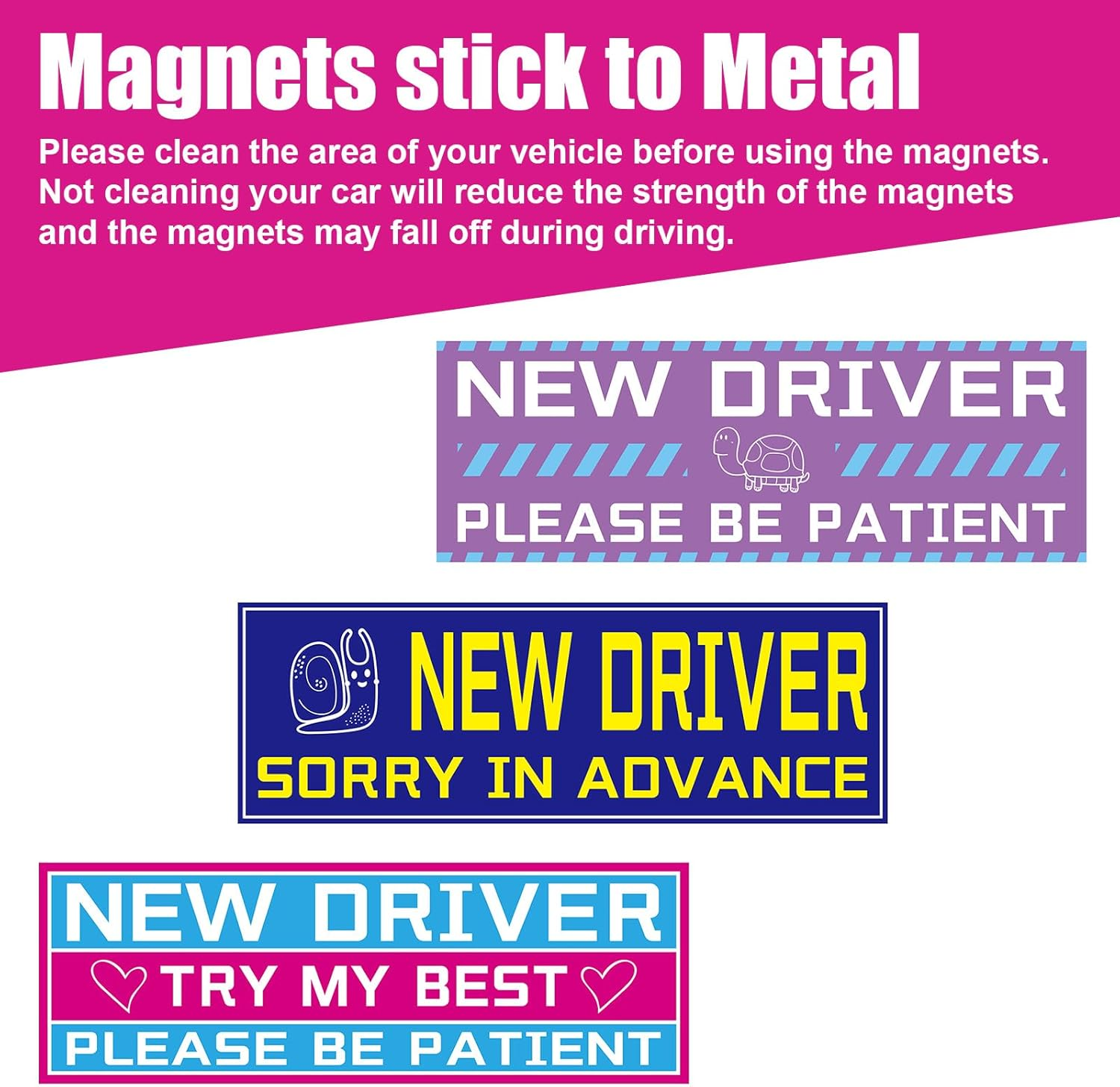 3Pcs New Driver Magnet for Car, Reflective Please Be Patient New Driver Signs Funny Student Driver Magnetic Bumper Sticker Removable Novice Driver Vehicle Safety Warning Sign