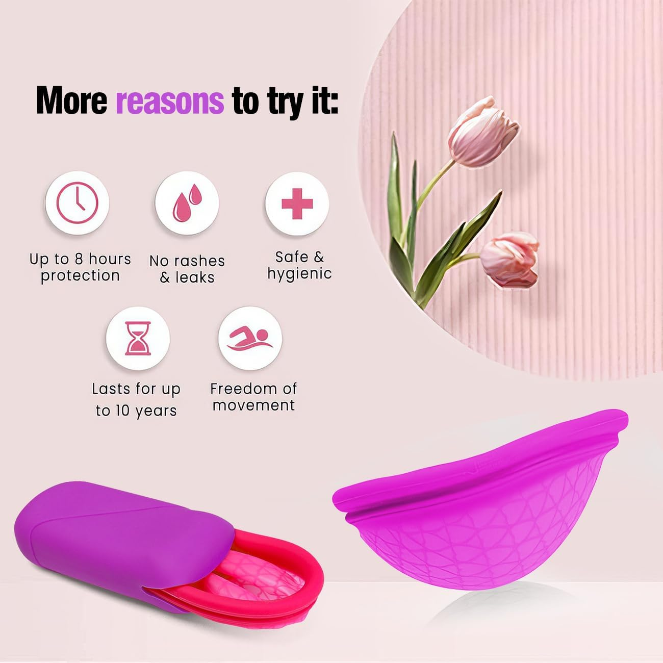 Menstrual Cups,2 Pcs Thin Fit Menstrual Disc,Large Capacity Menstrual Cup Wear for 12 Hours,Period Disc with Medical Grade Silicone,Reusable Menstrual Flow Cup for Women Periods(Pink S+Purple L) image number 4