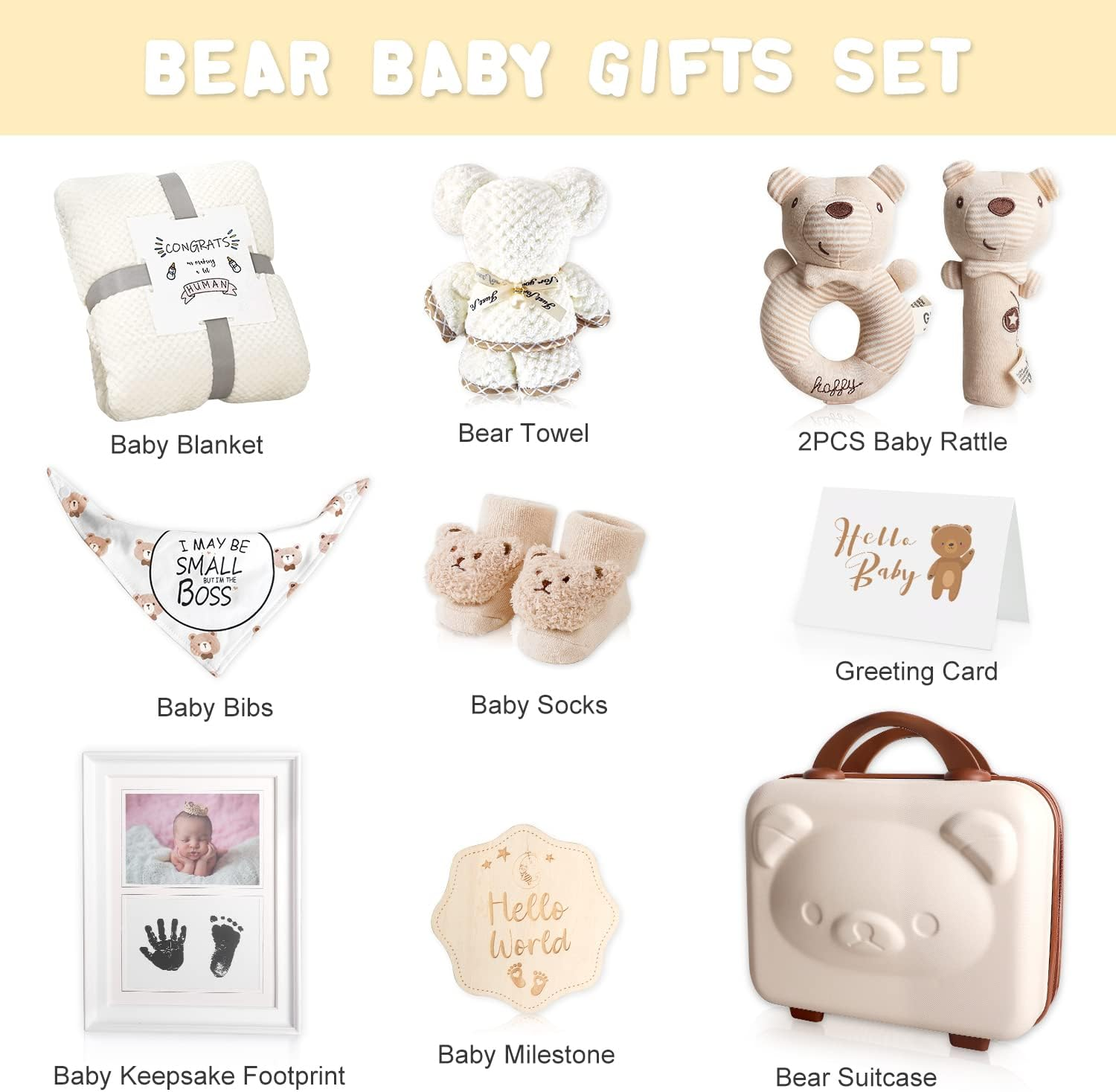 Baby Gift Set, Baby Shower Gifts for Girls Boys, Bear New Baby Gift Basket Include Newborn Rattle Blanket Wooden Keepsake Milestone Cute Bibs Socks Greeting Card, Baby Gift Essentials Stuff image number 4