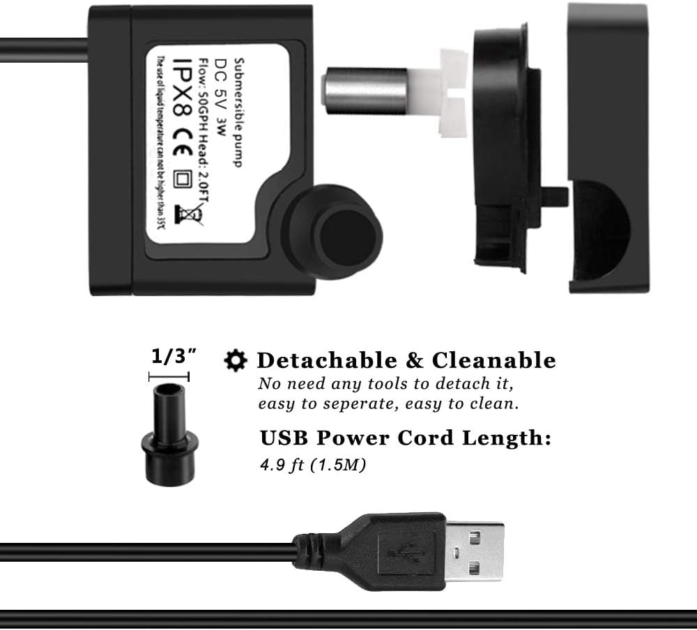 Mini Submersible Water Pump DC 5V USB with Tubing for Pet Fountain, Aquarium Fish Tank, Pond, Fountain, Hydroponics, Adjustable Flow image number 5