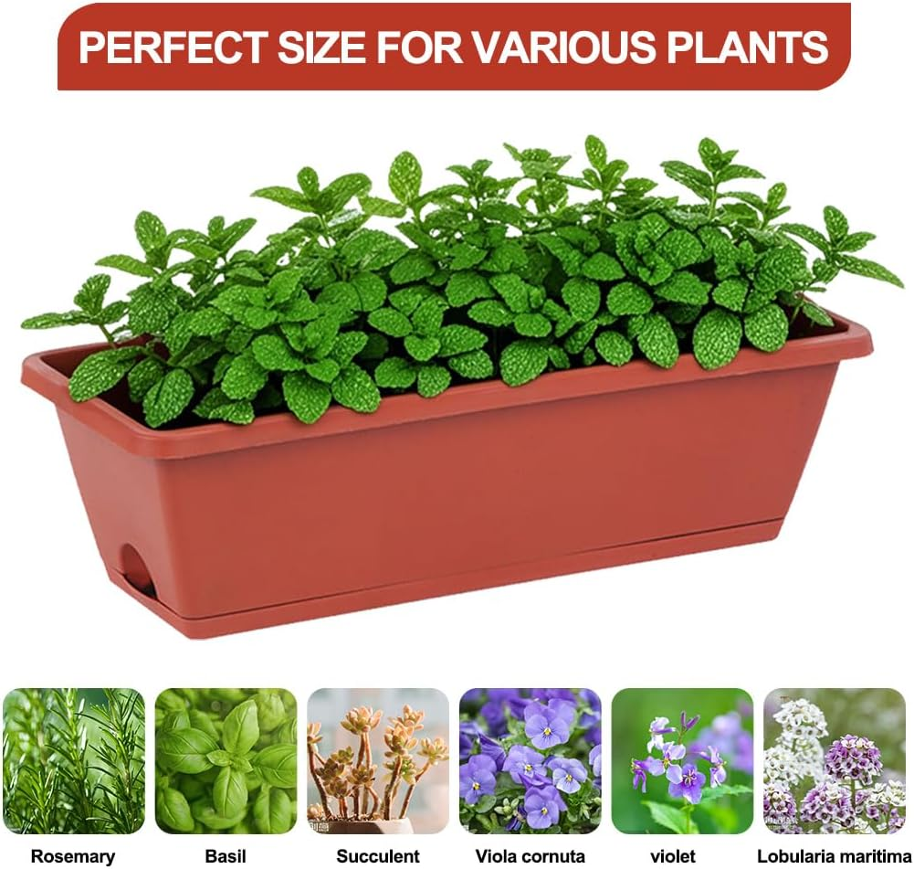Springup Window Boxes Planters 6PCS Red Plastic Vegetable Flower Plots Boxes 43X13.5CM Large Rectangular Herb Planters with Tray Saucers for Indoor Outdoor Garden Patio Home Decor image number 5