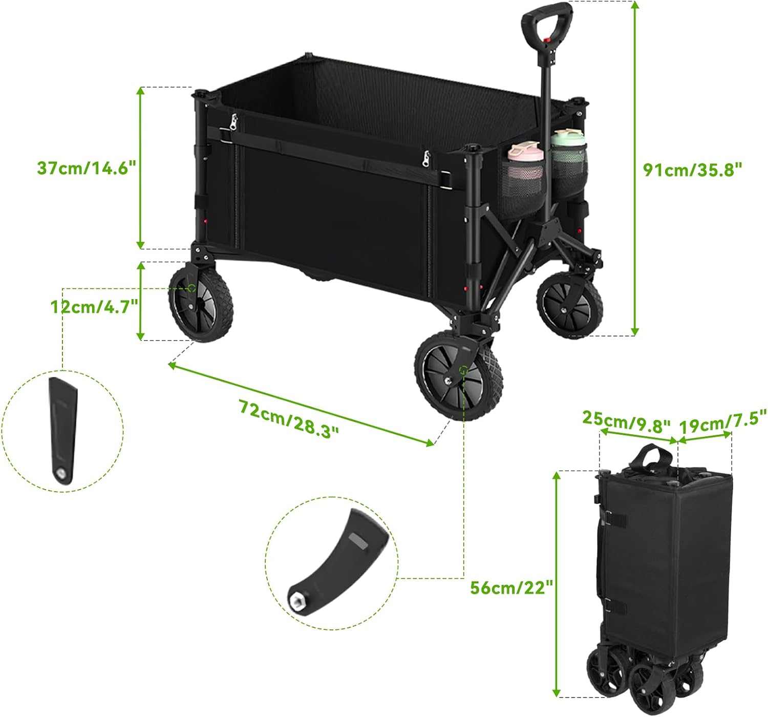 Collapsible Folding Wagon, Outdoor Utility Wagon, Adjustable Wagon Cart with All-Terrain Wheels & Drink Holders, Portable Grocery Wagon for Outdoor, Garden, Shopping, Camping, Grocery, Beach Storage image number 1