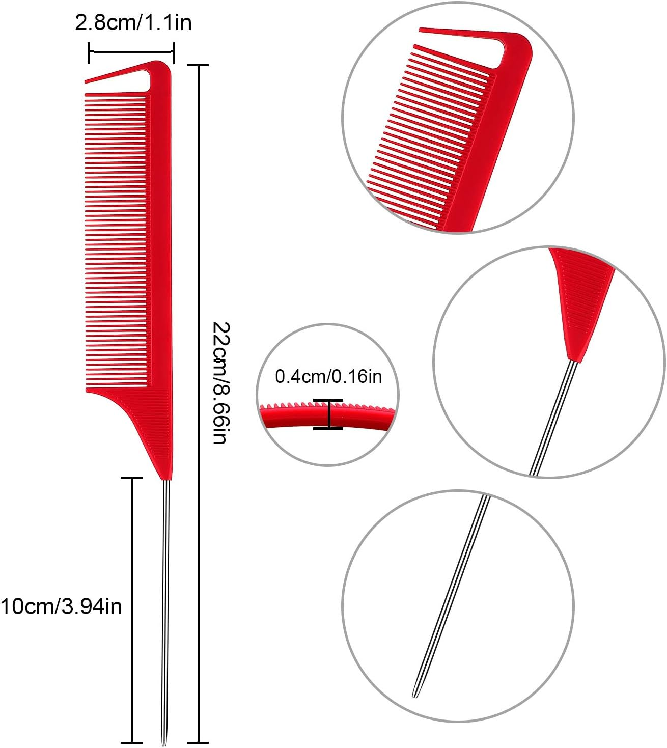 30 Pieces Parting Comb for Braids Hair Rat Tail Comb Steel Pin Rat Tail Carbon Fiber Heat Resistant Teasing Combs with Stainless Steel Pintail (Red) image number 2
