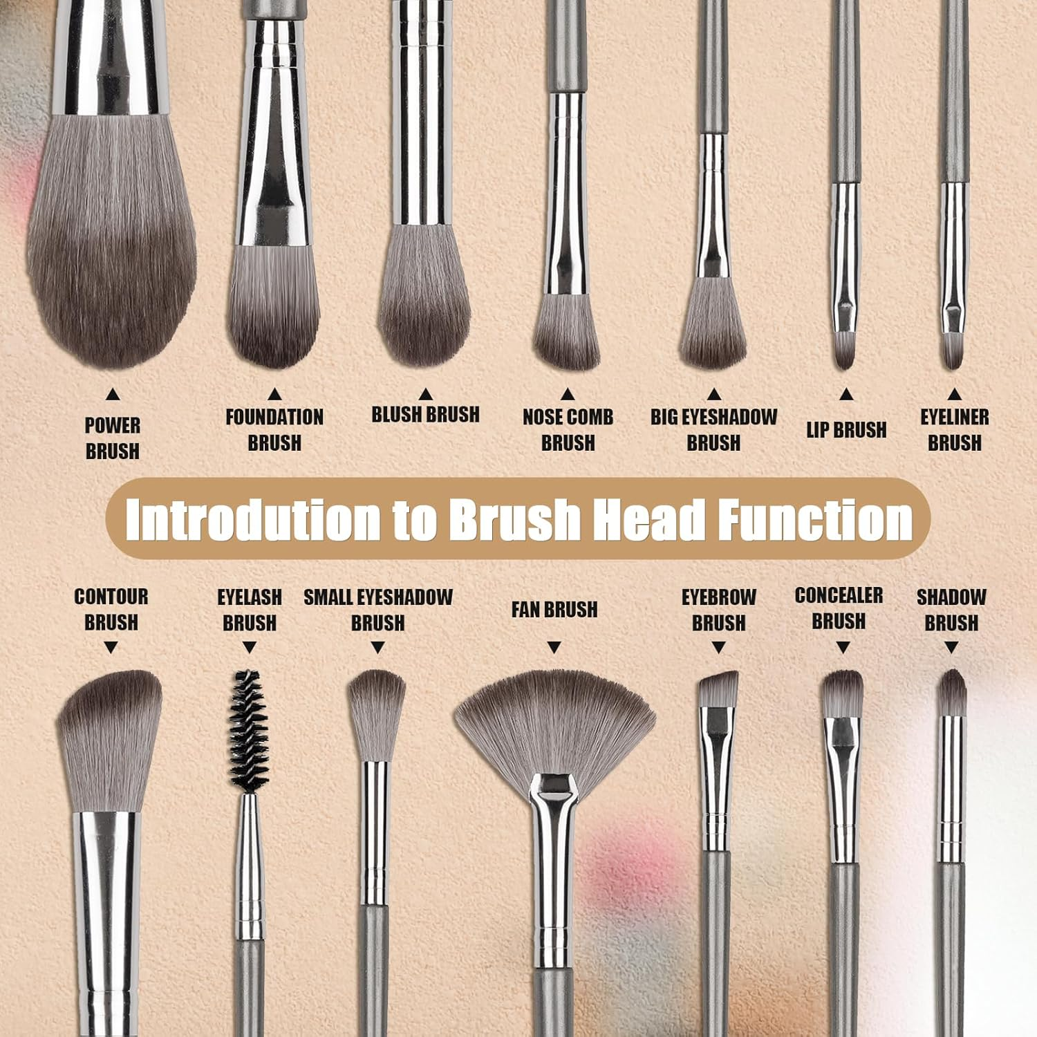 Makeup Brushes, 14 Pcs Professional Makeup Brush Set, Eye and Face Foundation Brush Set, Eyeshadow Brushes, Cosmetic Brushes, with PU Bag, Grayish