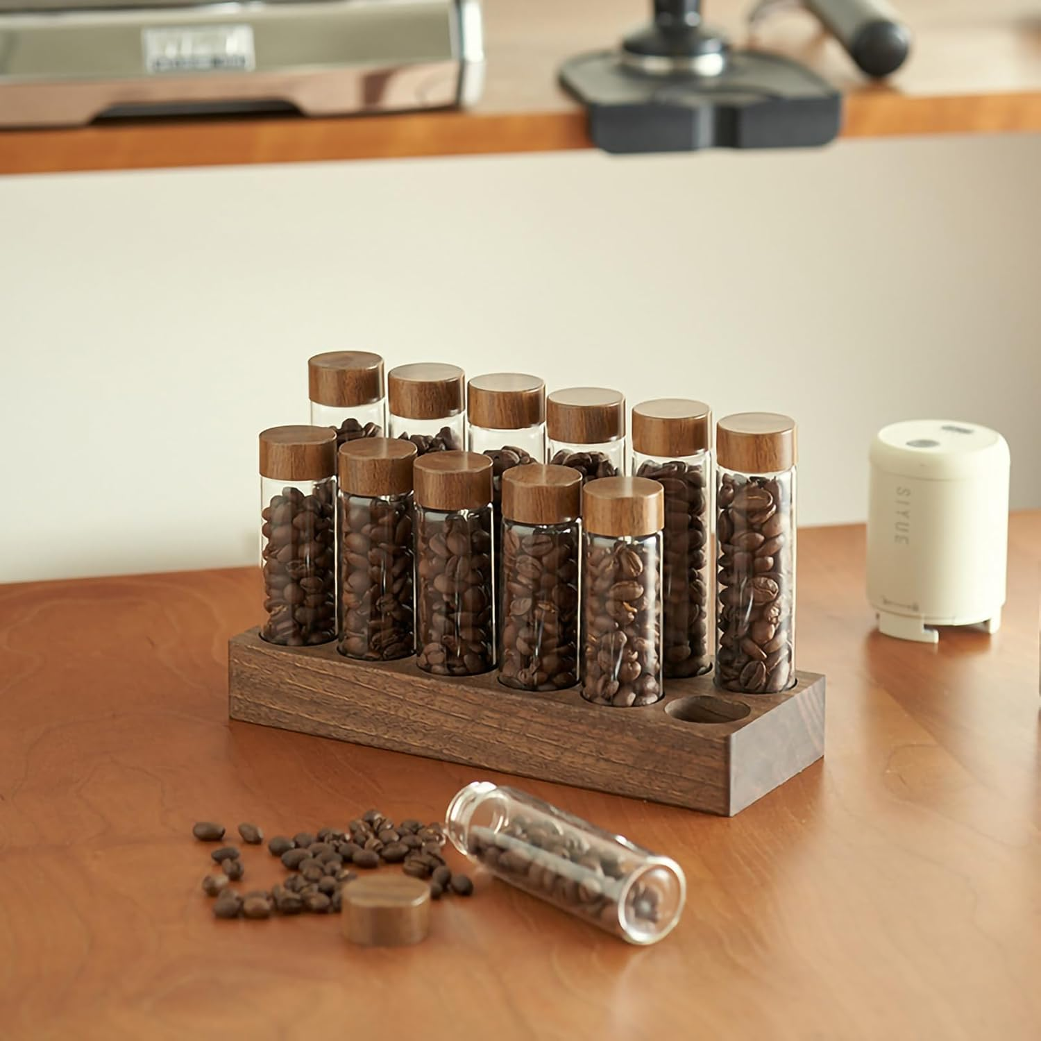 TREELF Coffee Bean Storage,Coffee Storage Container with Walnut Solid Wood Base,Coffee Bean Container,12 Tubes Single Dose with Wooden Holder(Type 2) image number 3