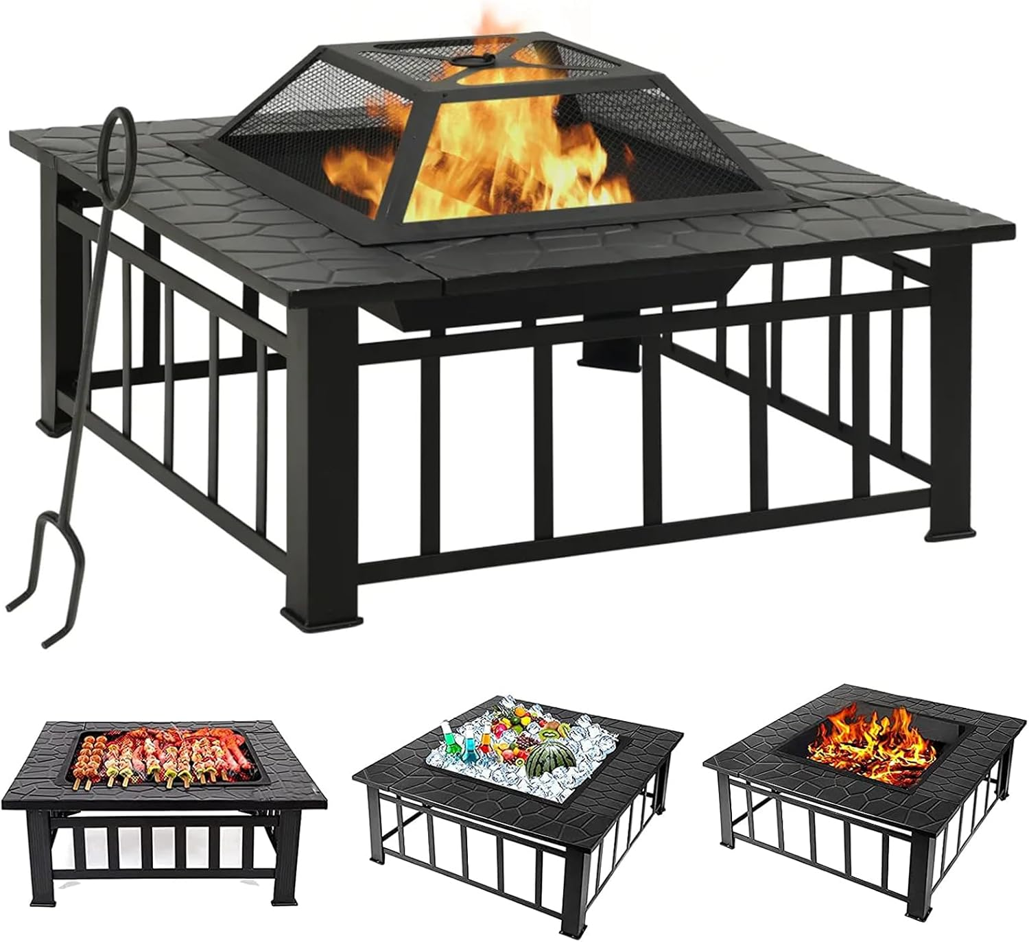 Outdoor Metal Fire Pit Backyard Patio Square Garden Stove Fire Pit with Poker image number 1