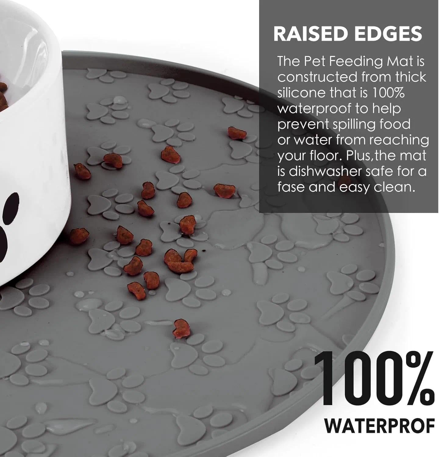 Silicone Pet Food Mat, Non-Slip Feeding Mat with Raised Edge & Waterproof Design,Round Food-Grade Pet Feeding Mat for Small and Medium Dogs & Cats, Easy to Clean, Durable and Foldable, Grey &ndash; Haheihei