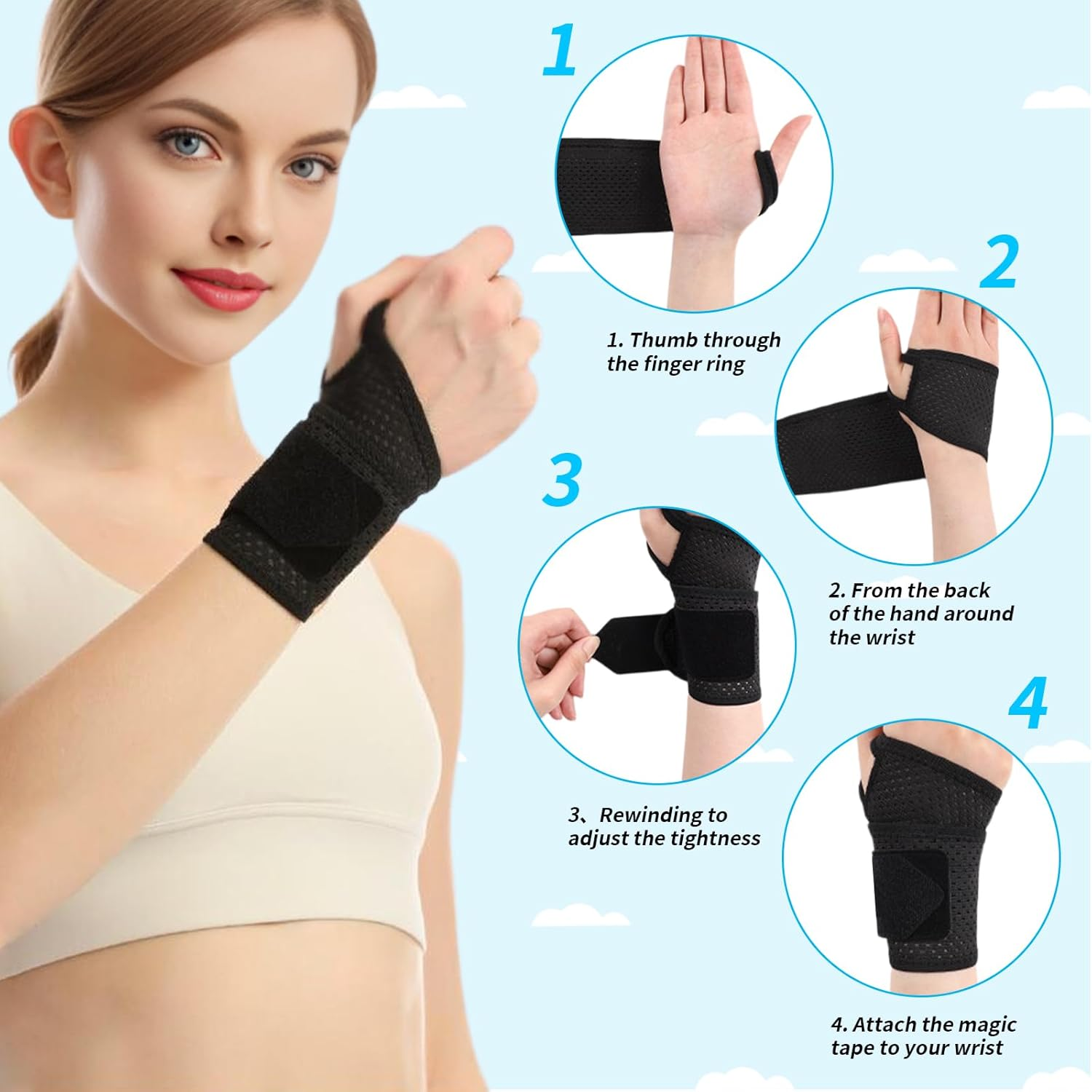 Wrist Bandages Fitness, Breathable Bandage Wrist for Wrist Sprains for Tendonitis or Sports for Left or Right Hand (Black) image number 4