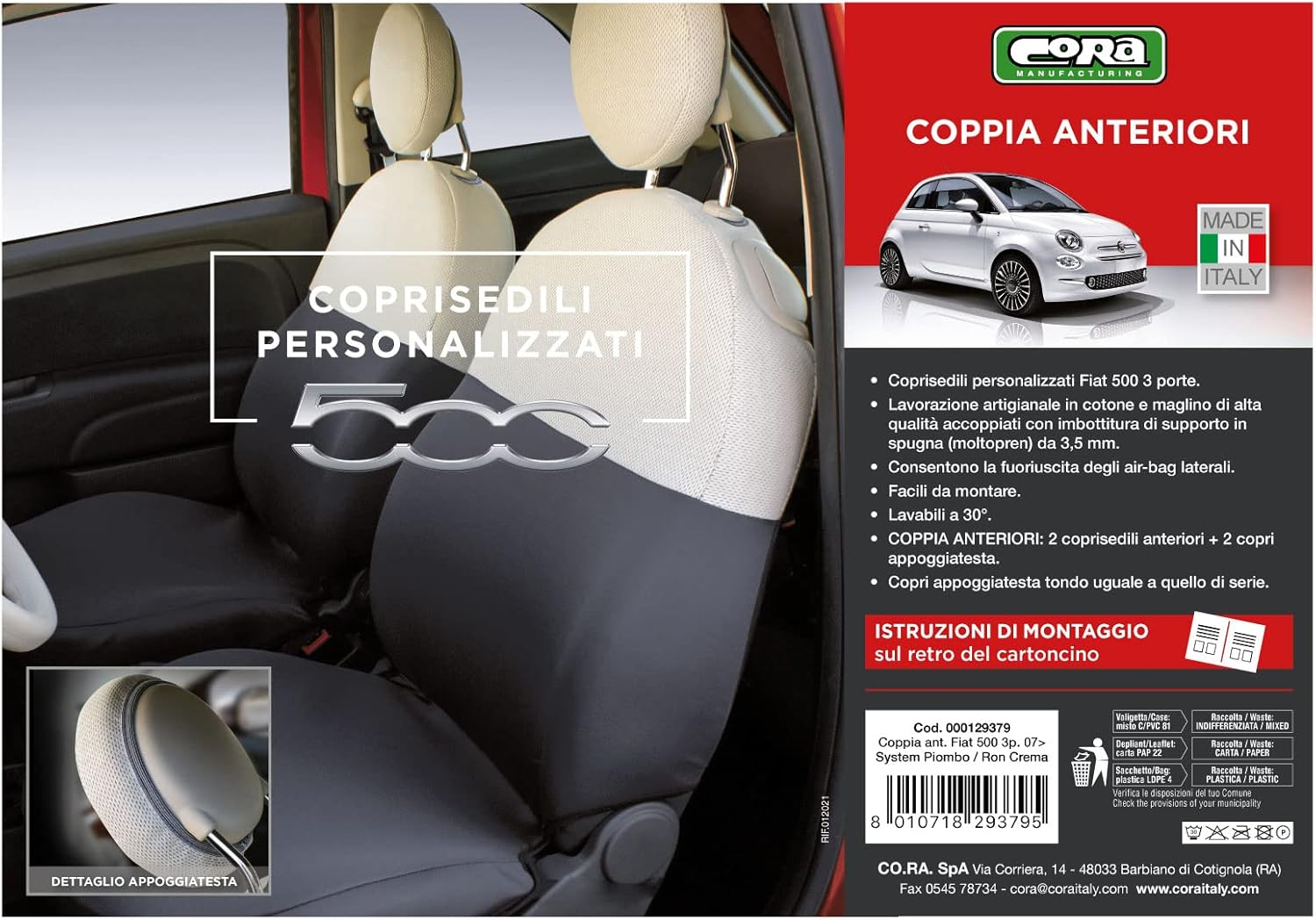 CORA Custom Front Seat Covers Fiat 500 07> Grey/Cream image number 2