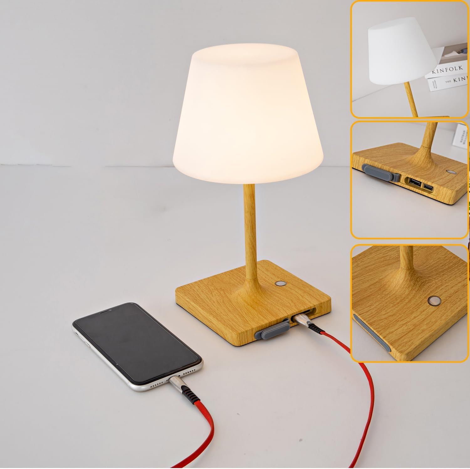 Mywellian Cordless Table Lamp, Outdoor Battery Operated Rechargeable Desk Lamp,Waterproof Shower Lamp,4000Mah LED 3 Colors Dimmable Touch Lamps for Camping Patio Courtyard Bedroom-Wood - Green image number 3