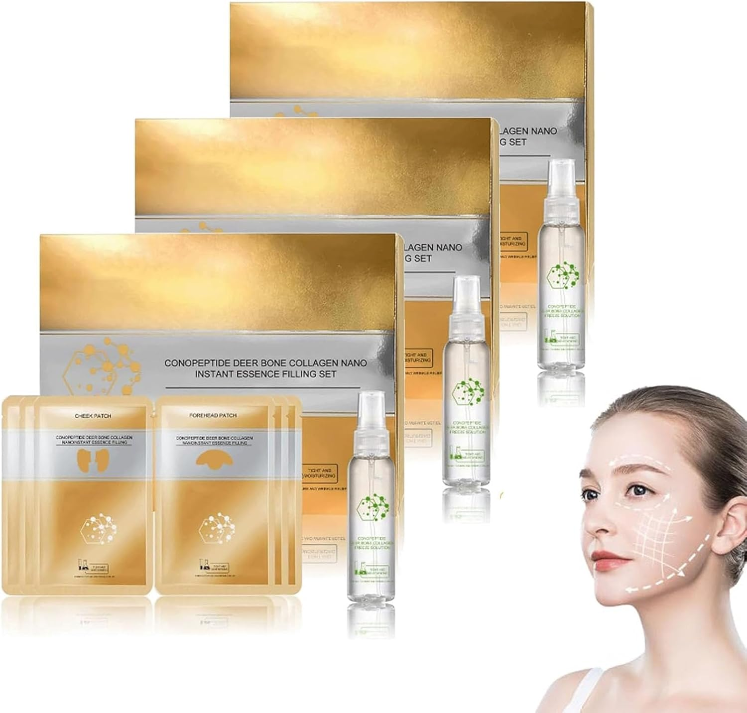 Instant Skin Essence Collagen Set,Spiral Peptide Deer Bone Collagen Essence Kit,Bone Melting Film Kit,Long-Lasting Moisturizing and Firming,For Reduce Fine Lines & Wrinkles (1Pcs) (3 PCS)