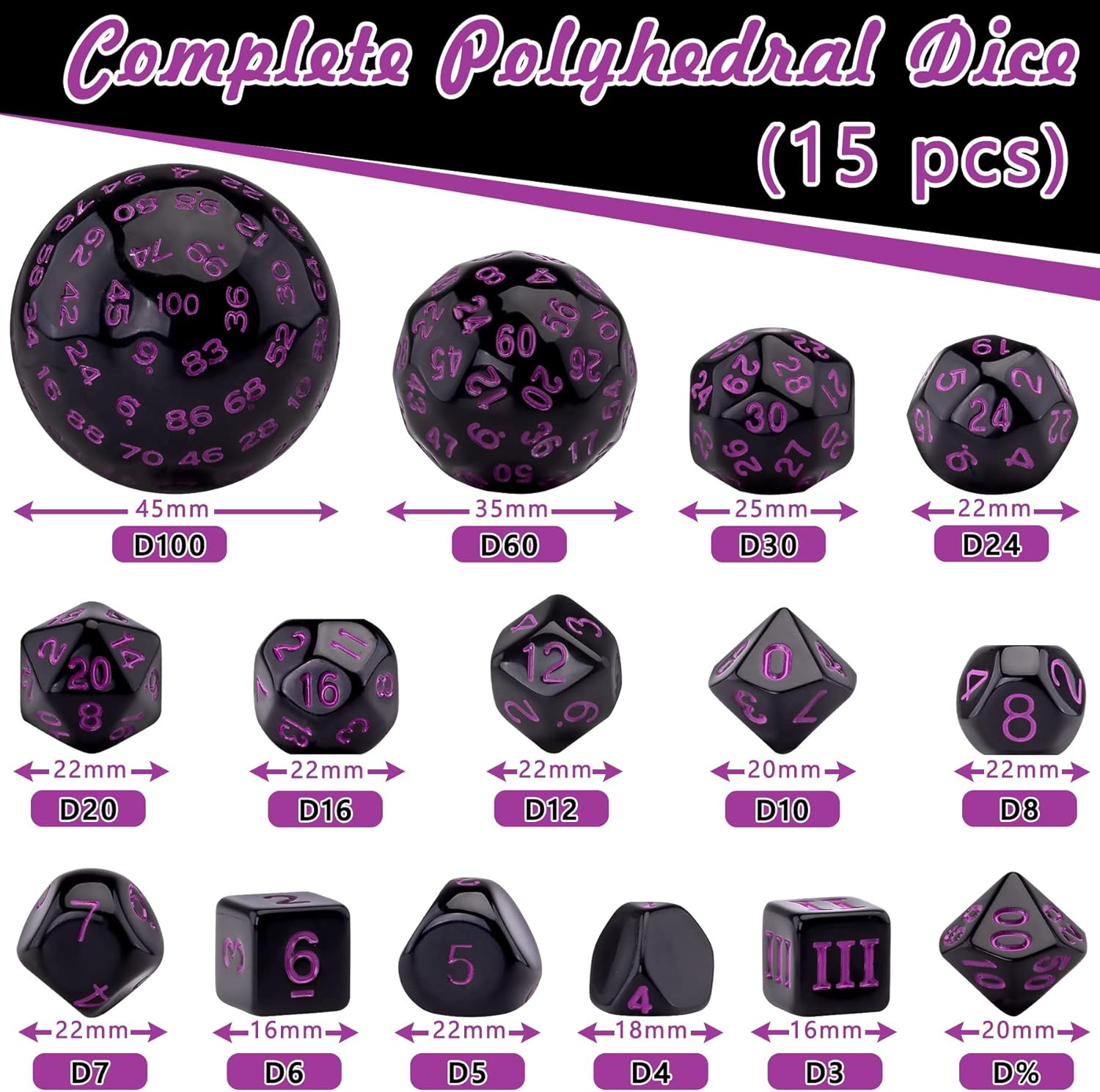 AUSTOR 15 Pieces Complete Polyhedral Dice Set D3-D100 Game Dice Set with a Leather Drawstring Storage Bag for Role Playing Table Games(Black & Purple) image number 4