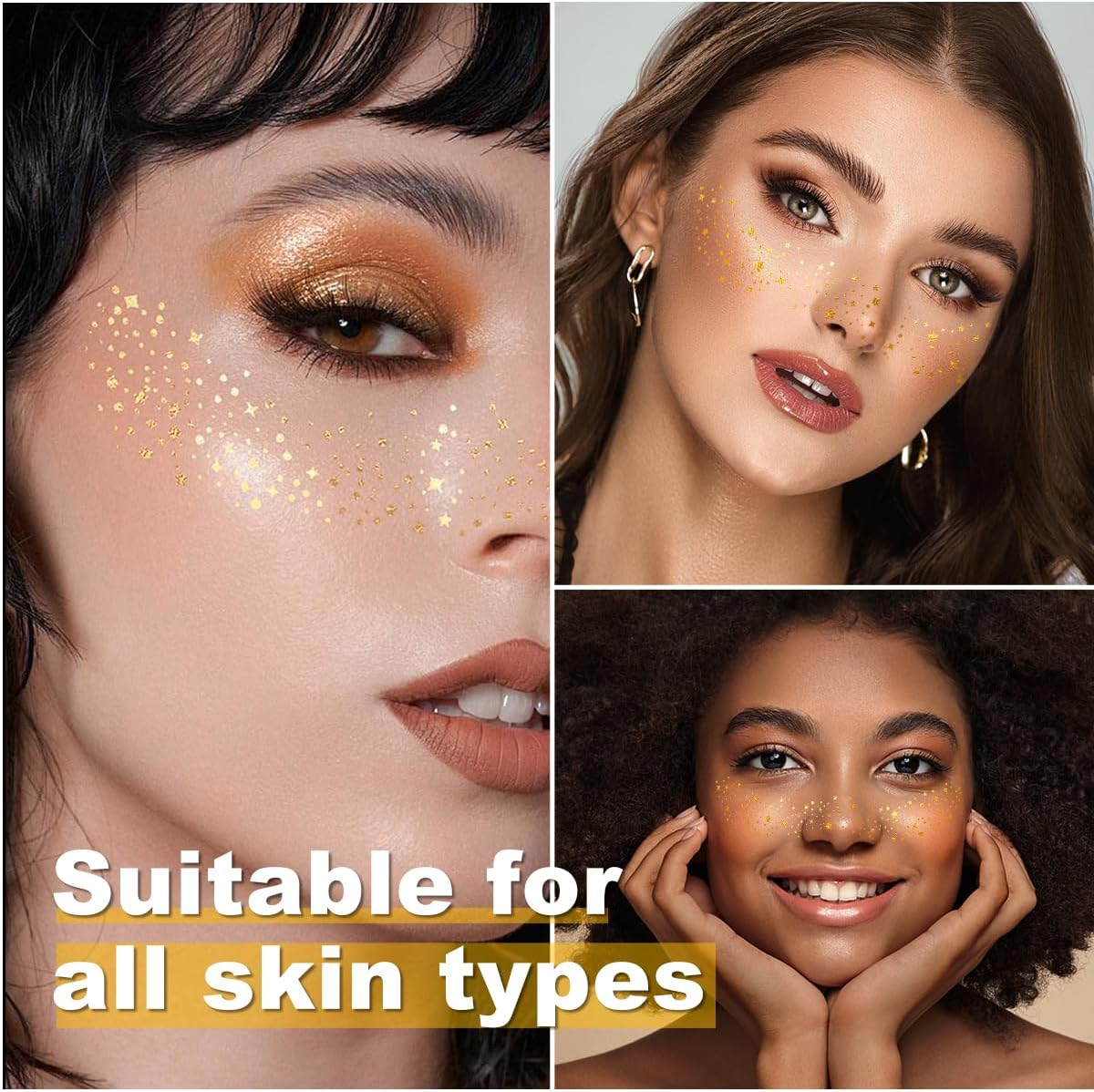 Gold Face Makeup Patches 6Pcs Glitter Freckles Face Temporary Tattoo Cute Glitter Freckles Sparkle Makeup Speckles Waterproof Face Glitter Speckles Patches for Women Cosmetic Face Glitter (Gold07) image number 1