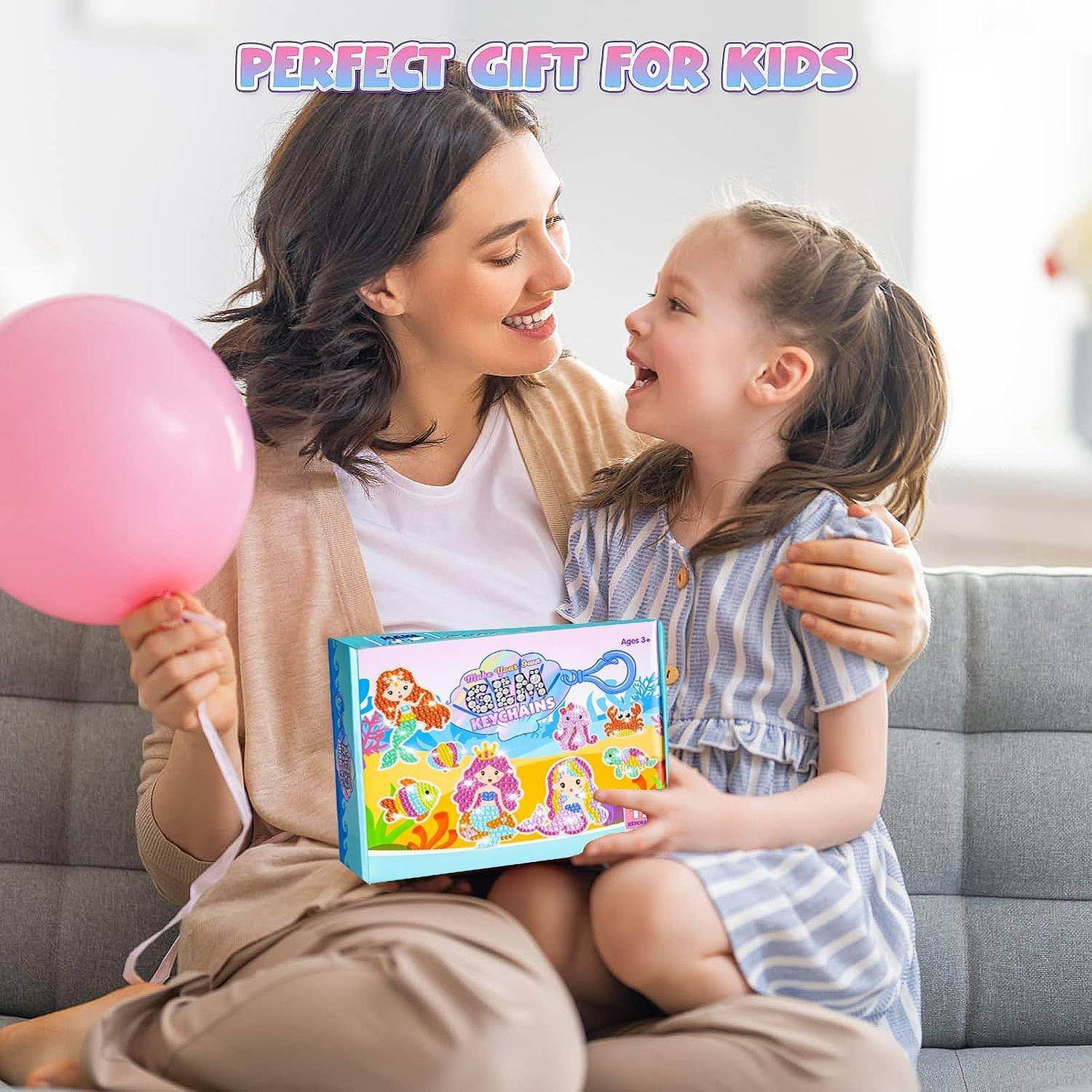 5D Gem Diamond Art Kit for Kids, Make Your Own Gem Art Keychains by Number, Cartoon Diamond Art Easy Kits, DIY Crafts Birthday Gifts Thanksgiving Christmas for Girls Boys Ages 6-8-12 (Mermaids)