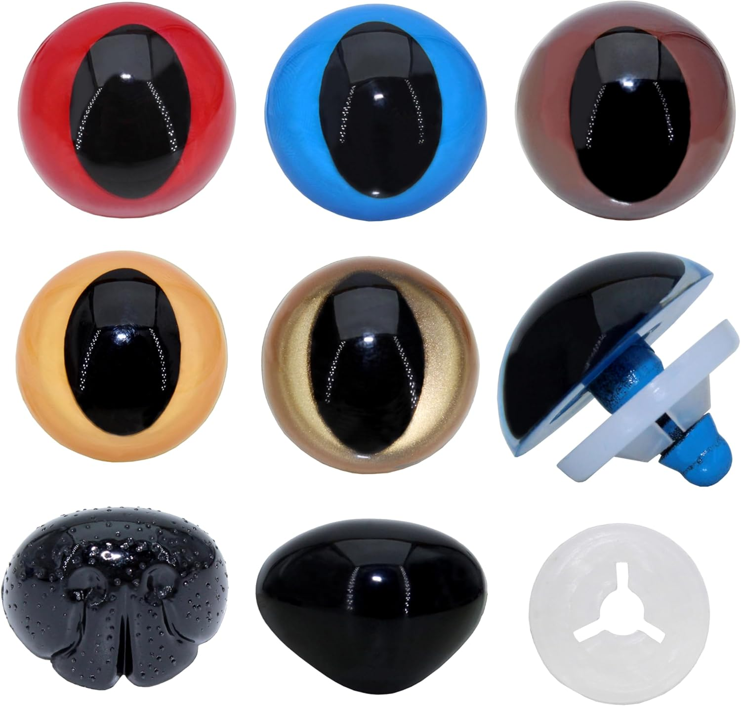BESTCYC 1Box(30Pcs) Large Plastic Safety Eyes and Nose - 5Colors 24Mm Solid Plastic Safety Eyes Craft Eyes and 26.5Mm Black Safety Nose Dog Nose Craft Nose with Washers for Teddy Bear Doll Plush Animal Puppet Crafts