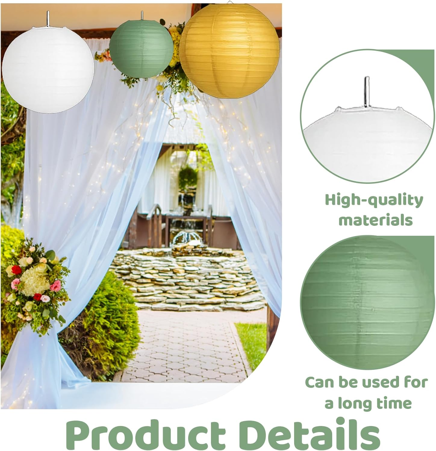 Pack of 12 Paper Lanterns, Lanterns for Wedding Decoration, Garden Party Decoration in White, Green and Gold, Weatherproof Paper Lanterns for DIY Projects and Events image number 6