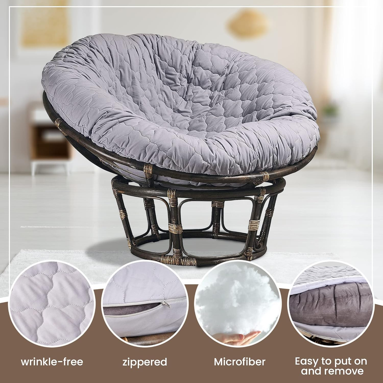 Hudson Comfort Papasan Cushion Cover - Quilted Shape, Soft Microfiber Fabric, Zippered Papasan Cushion Cover Only - 55 Inches (Fits a 50-55 Inch Papasan Cushion) Grey, 55 Inch (Fits a 50-52 Inch) image number 3