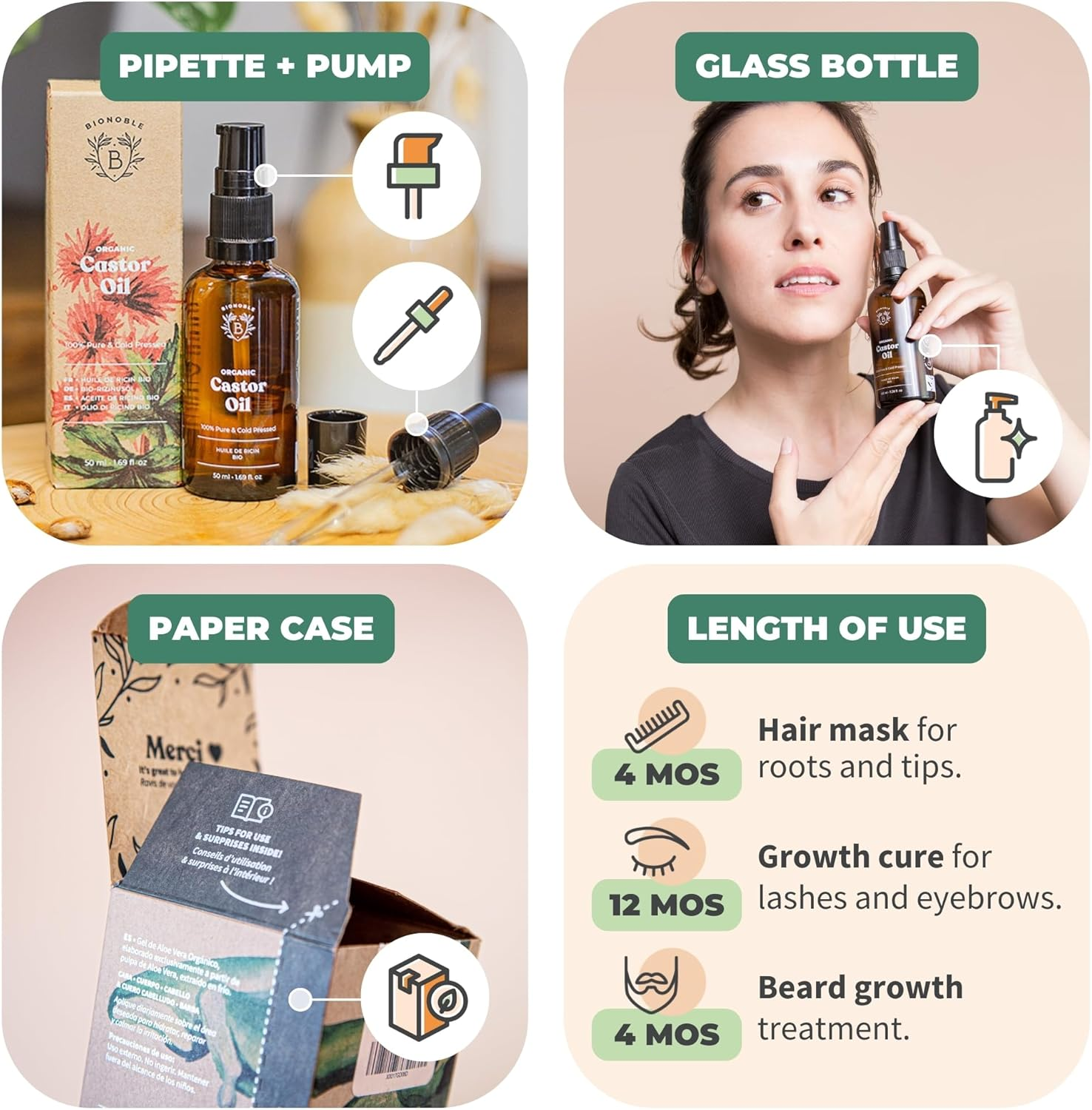 BIONOBLE Castor Oil Organic and Cold Pressed - Glass Bottle, Pipette and Pump - Vegan and Hexane Free Organic Castor Oil - Hair Growth Oil, Lash Serum, Beard Oil - 50Ml image number 3