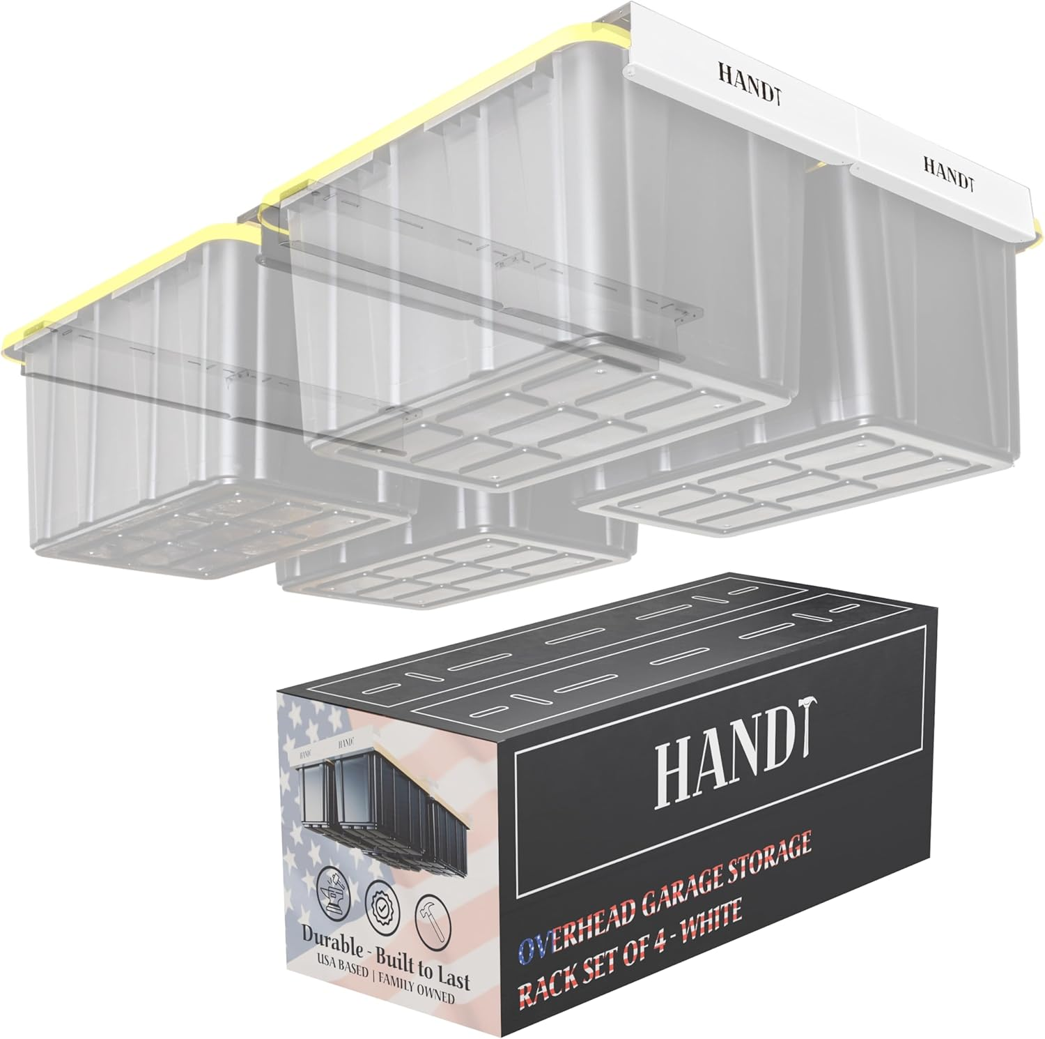 HANDT Overhead Garage Storage Rack, Ceiling Tote Bin Organization Rails Shelving Racks System, Heavy Duty Hanging Metal Rack Systems for 27 Gallon Container, Supports Most Other Bins, 4 Sets White