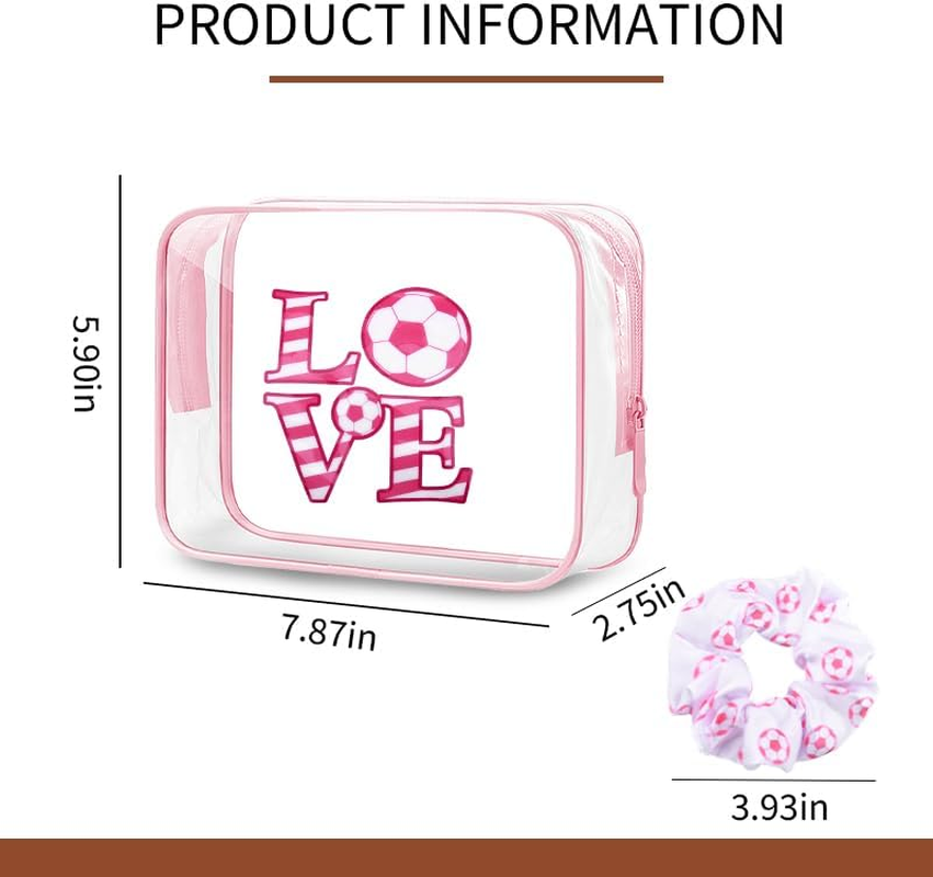 Pink Soccer Gifts Women Girls Pink Soccer Cosmetic Makeup Bag with Sport Hair Scrunchies PVC Clear Football Cosmetic Bags for Coach Players Team Christmas Party image number 3