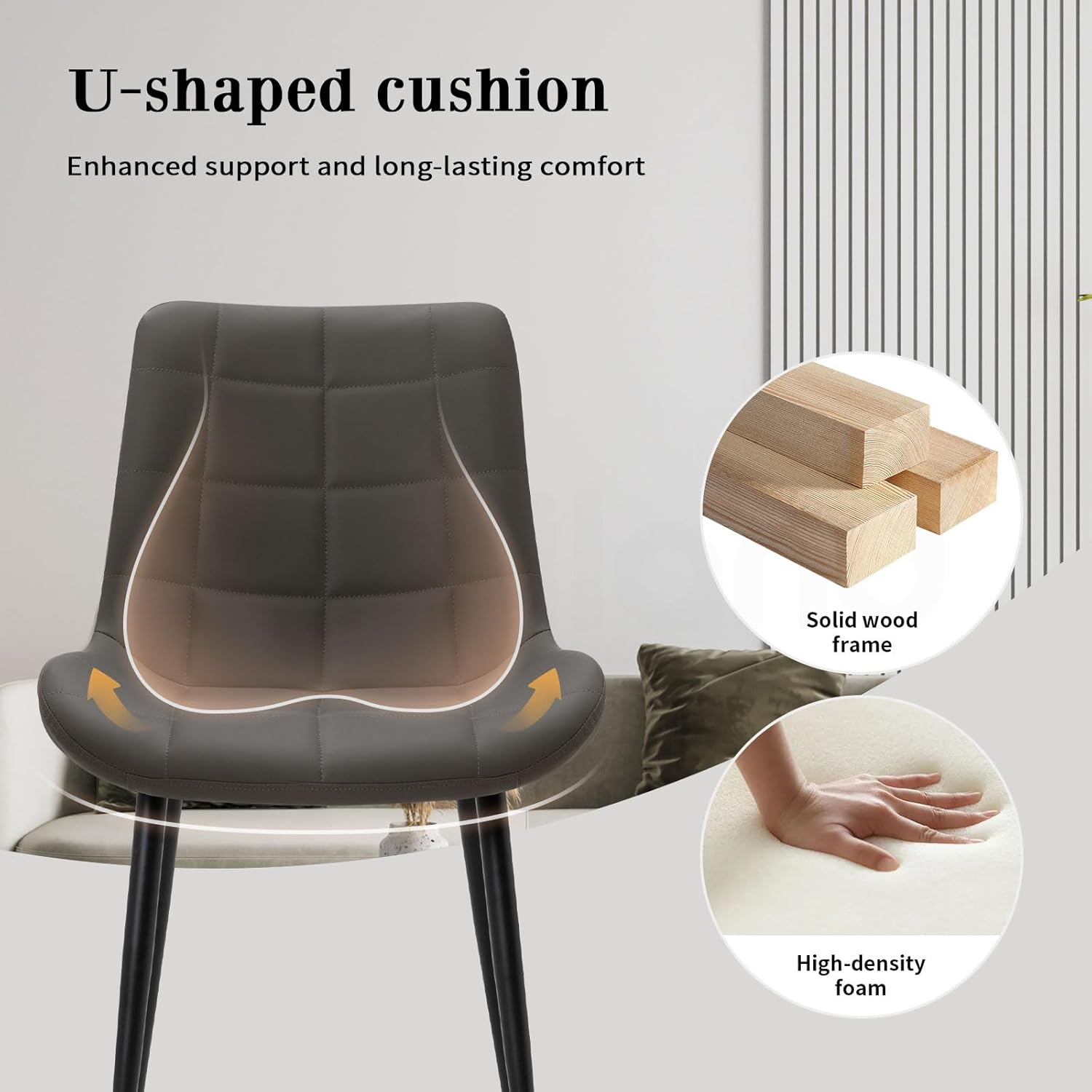 Contemporary Dining Chair Set of 4, Grey, Ergonomic, Sturdy Base, Metal Frame, Polyurethane Upholstery, Perfect for Dining Rooms - Pu-Grey image number 2