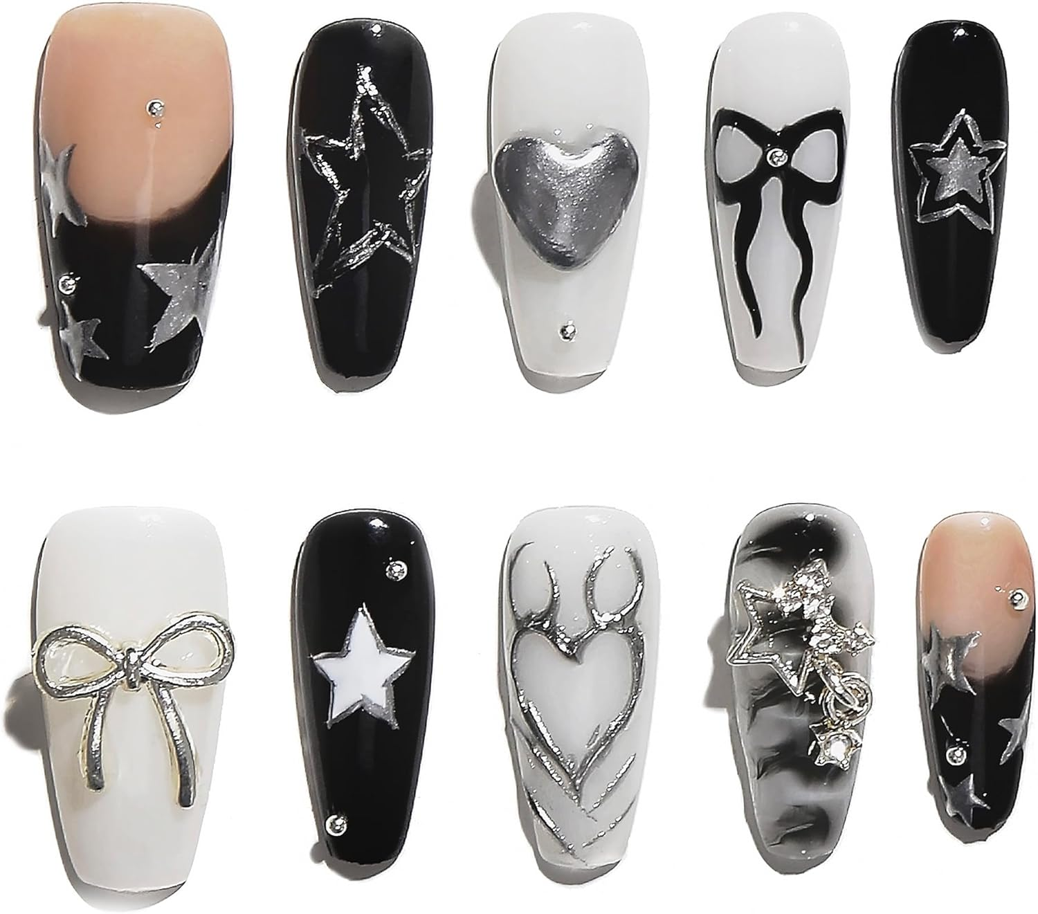 Sun&Beam Nails Handmade Press-On Medium Long Coffin Ballerina Red Green White New Year Pearl Sweet Design Fashion False Nail Tips 10 Pcs Set (#192 M)