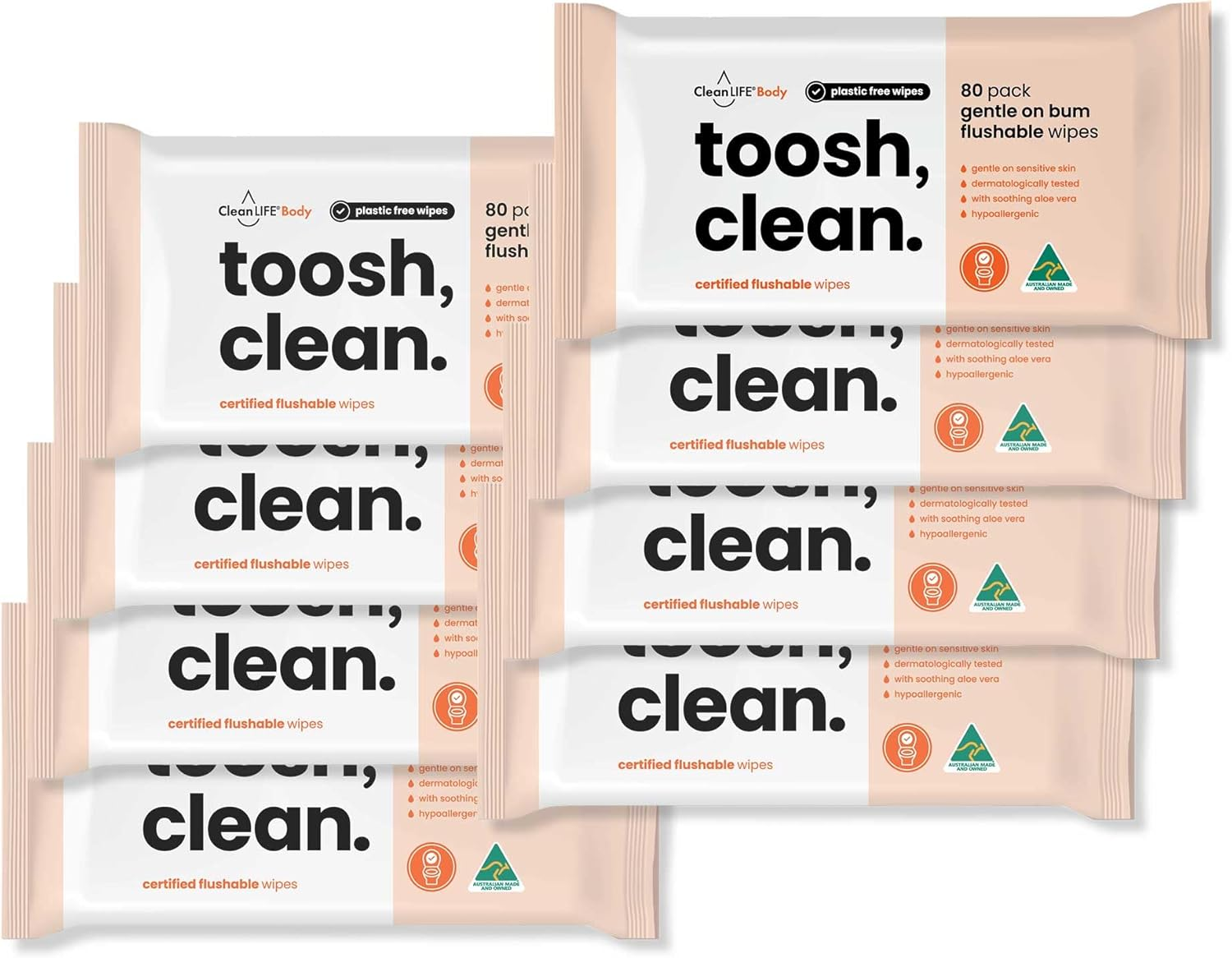 Cleanlife Flushable Wipes &ndash; Toosh, Clean for Sensitive Skin Extra Soft, Aloe Vera & Vitamin E, Hypoallergenic, Dermatologically Tested, 80 Wipes, 8-Pack image number 3
