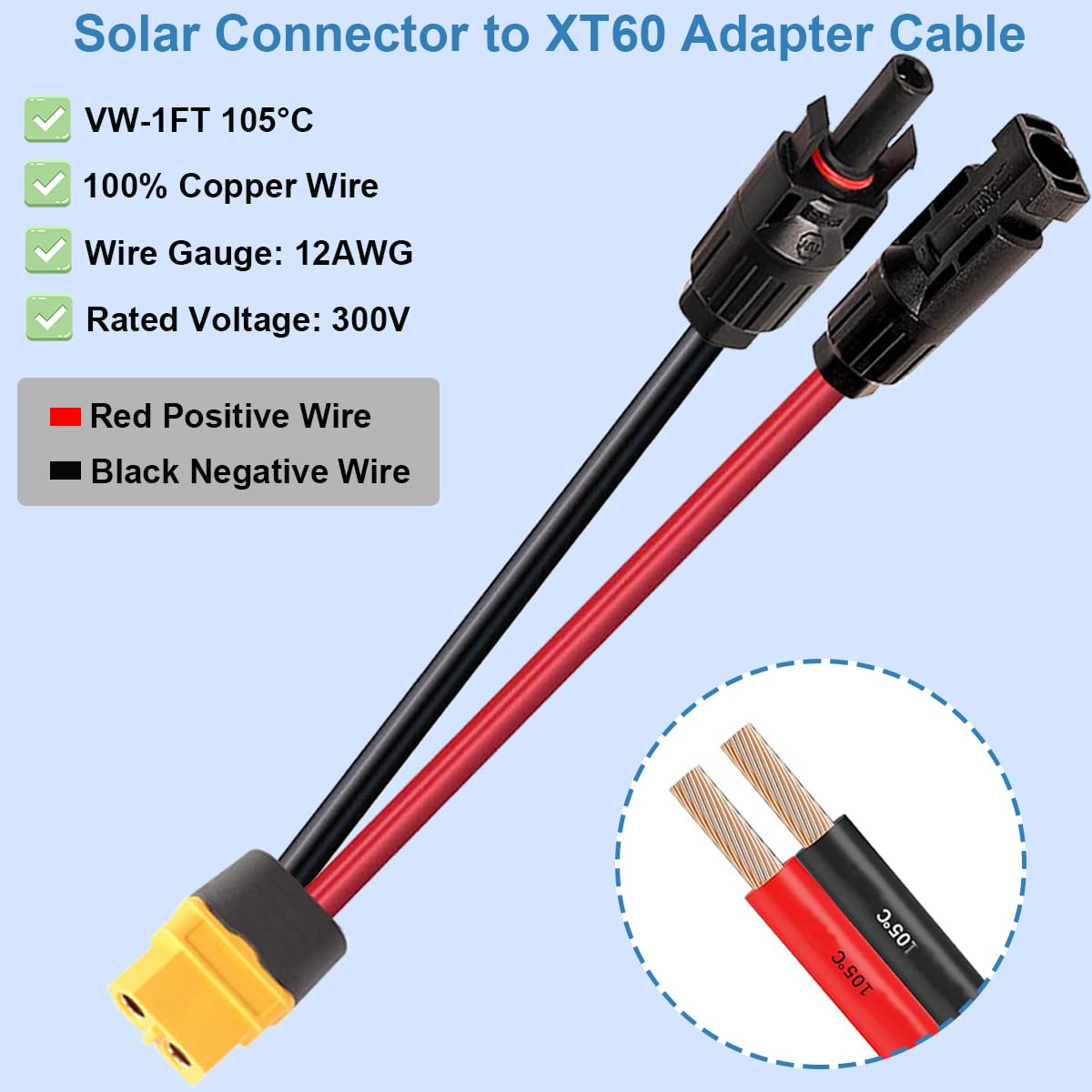 Xiatiaosann Solar Connector to XT60 Female Adapter Cable 12AWG Solar Panel Charging Cable Solar Panel Cable for Portable Power Station, Solar Panel, Solar Generator(1Meter)