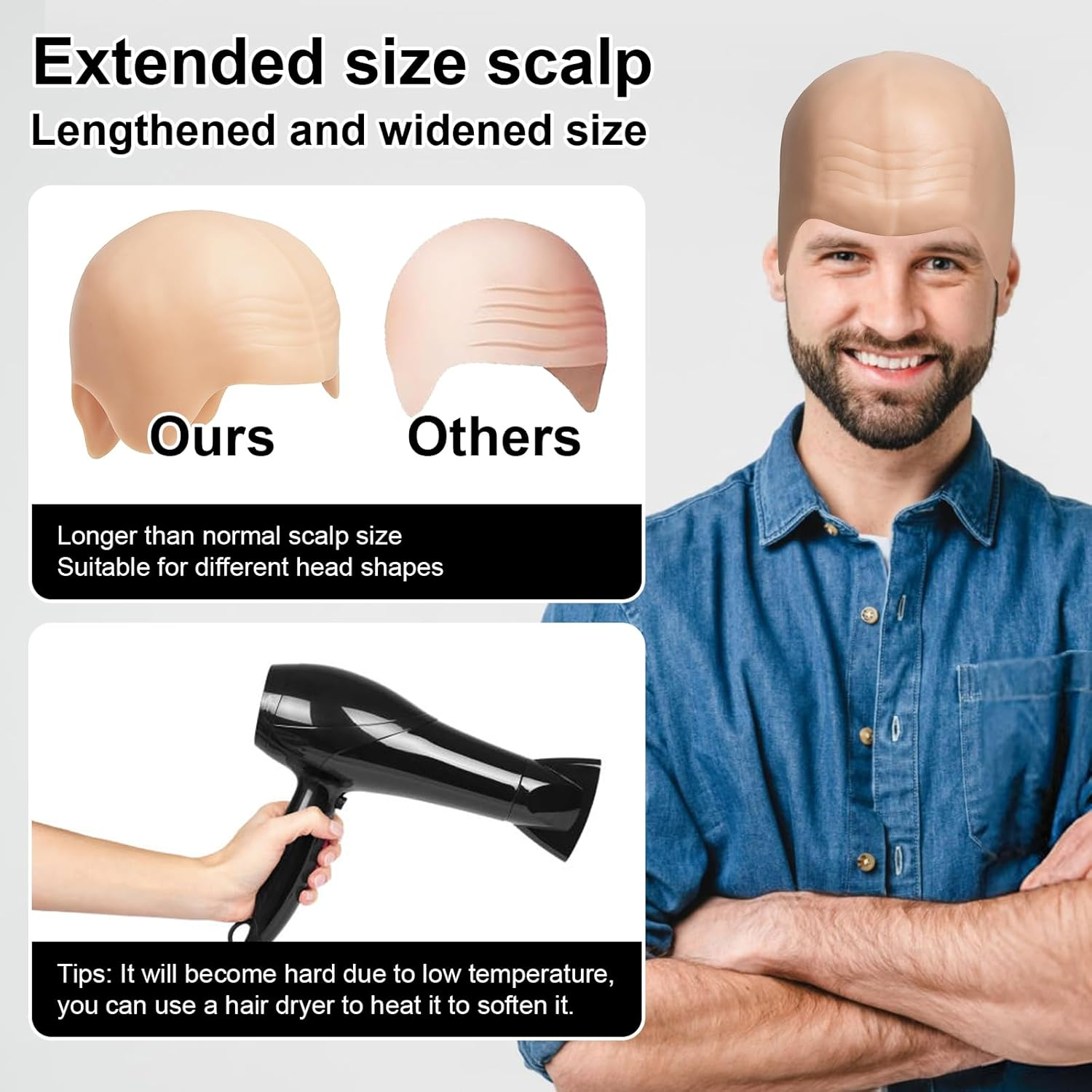 CFKEMZY 5 Pcs Halloween Costume Accessories Set for Adults - Extra Thick & Long Black Gray Striped Scarf, Fake Nose, Longer Latex Bald Cap Wig image number 1