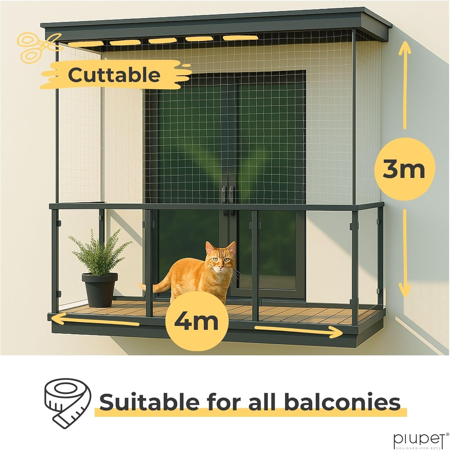 Piupet&reg; Cat Net Transparent I 4X3M I Including Fastening Set I Netting for Balcony and Window I Balcony Netting for Cats | Ideal for Catio Cat Outdoor Enclosures and Cat Window Guard image number 5