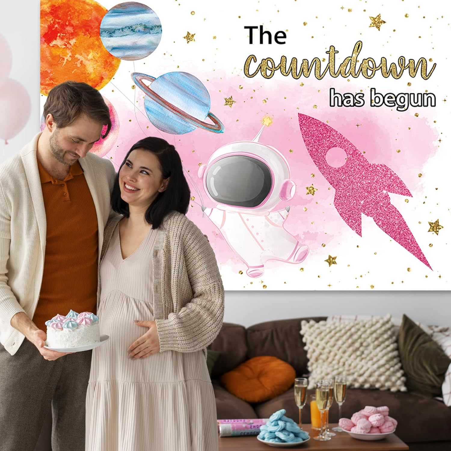 APROPHIC Space Baby Party Background Pink Astronaut Girl Countdown Has Begun Rocket Background, Planet Baby Shower Decoration Banner Photography Background 210 X 150 Cm image number 5