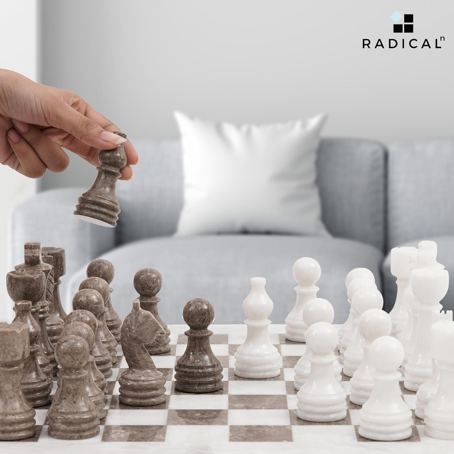 Radicaln 15 Inches Large Handmade White and Grey Oceanic Weighted Marble Full Chess Game Set for Adults Staunton and Ambassador Gift Style Tournament Chess Sets -Non Wooden -Non Glass -Not Backgammon image number 1