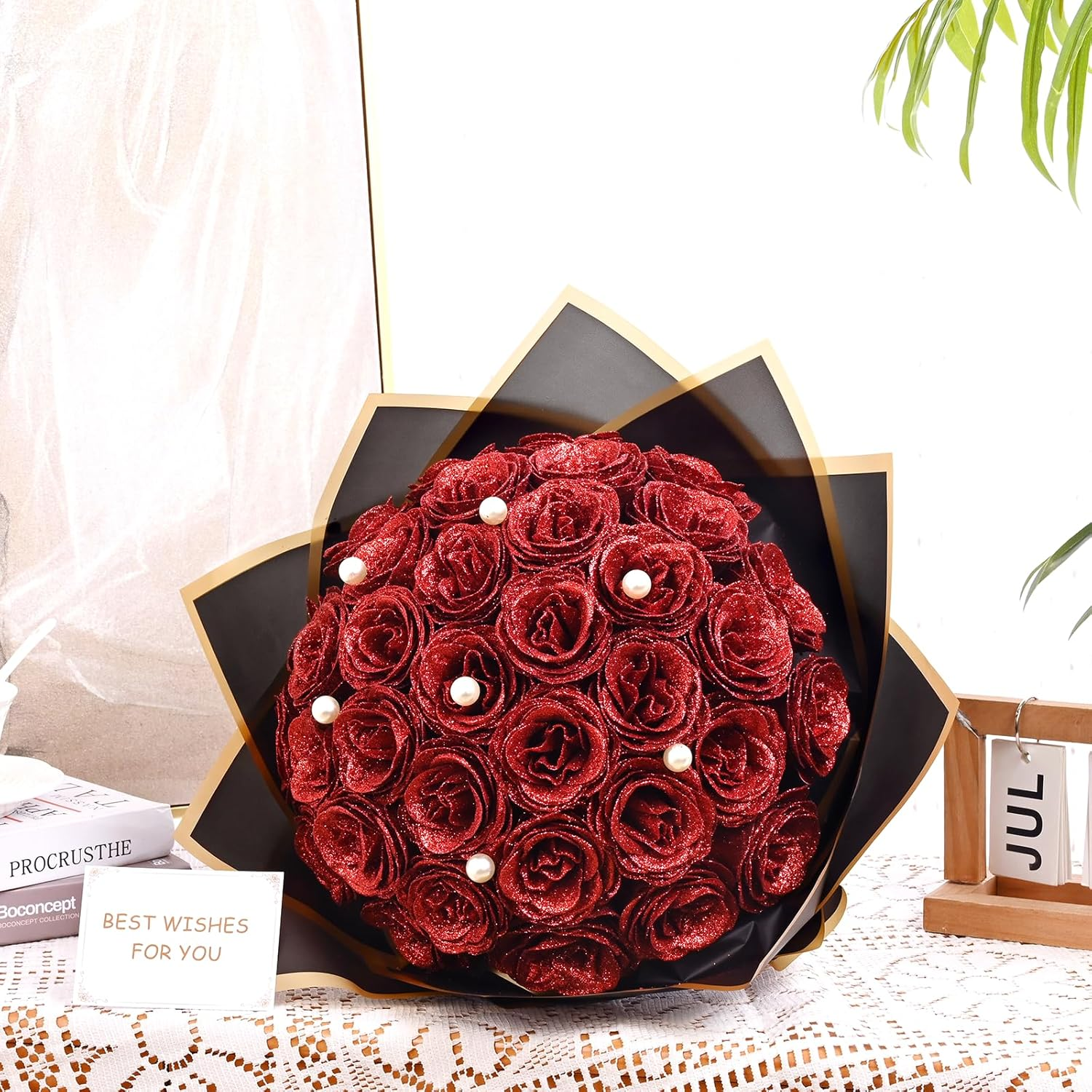 Waipfaru Red Glitter Roses Bouquet, DIY Fake Flowers Bouquet, Everlasting Shiny Artificial Rose Bouquet for Valentine'S Day, Anniversary, Engagement, Wedding, 24 Roses image number 5