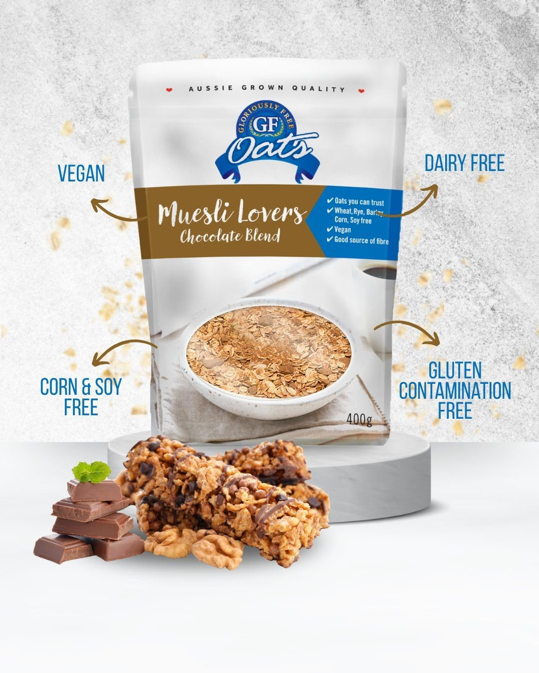 GF Oats Muesli Starter Pack | Nil Gluten Contamination | 4 X 400G Pack| 10 Serves per Pack | Includes 4 Flavours | Free from Wheat, Rye, Barley, GMO, Dairy, Egg & Soy. Vegan Granola Alternative image number 4