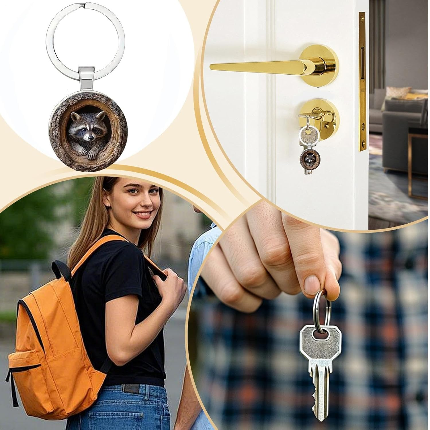 Raccoon Bag - Cute Animal Keychain, Tree Holes Backpack | Decorative Zipper Accessory, Cartoon Keychain Clip for School Bags, Wallet, Bo image number 5