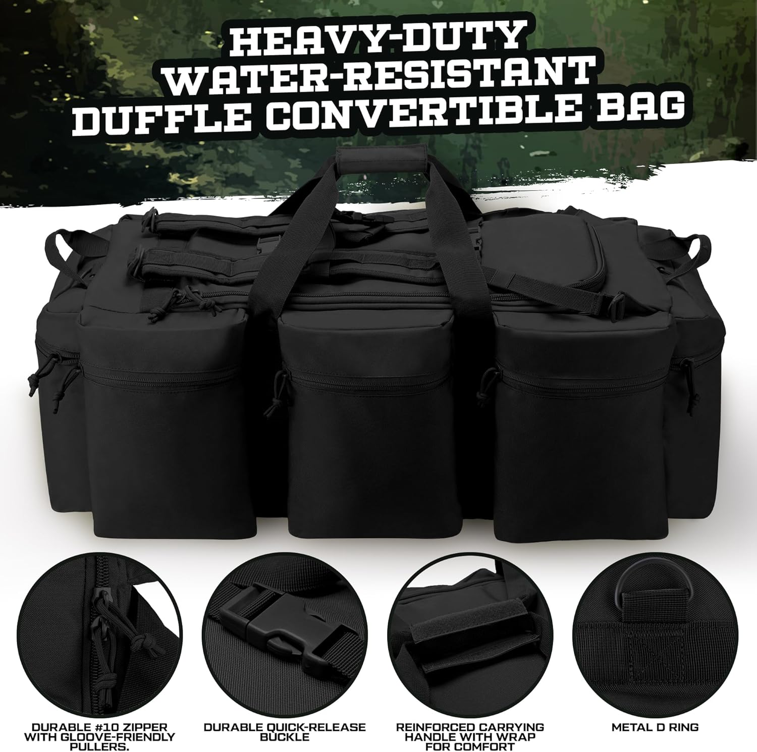 XMILPAX 100L Large Military Duffle Bag Deployment Duffel Bag Sports Equipment Travel Luggage with Detachable Backpack Straps, Black - Black image number 2