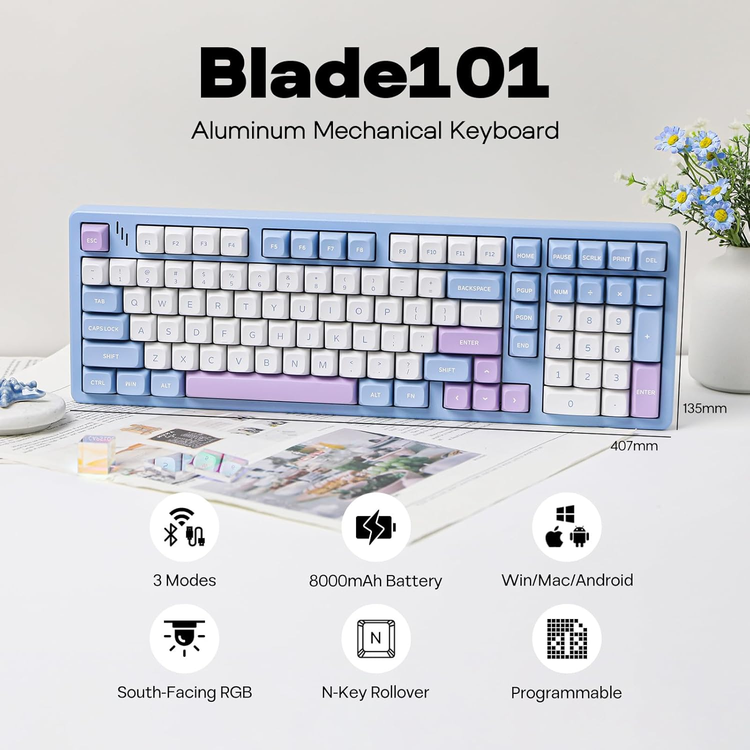 Mechlands Blade101 Wireless Aluminum Gaming Keyboard, Bt5.0/2.4Ghz/Usb-C Hot Swappable Custom Mechanical Keyboard with 8000Mah Battery, Gasket Structure, RGB Backlit, NKRO for Win/Mac (Blue) image number 2